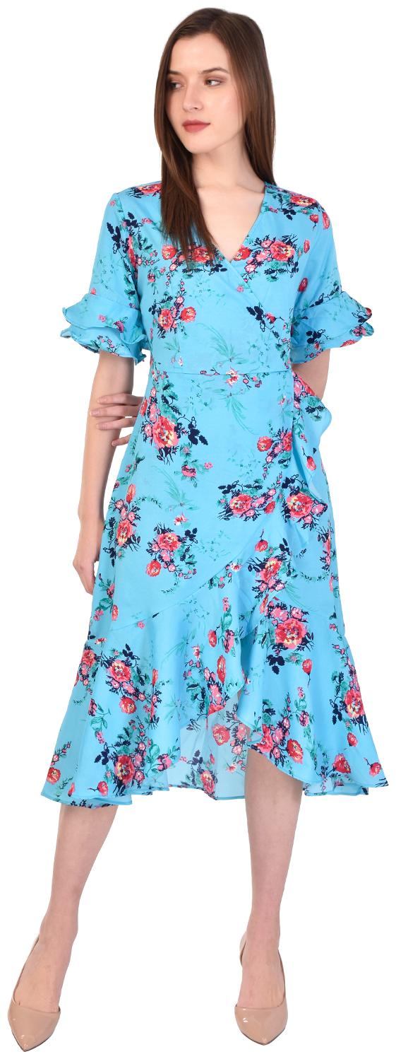 

Styllry Crepe Blue Floral A Line Dress For Women
