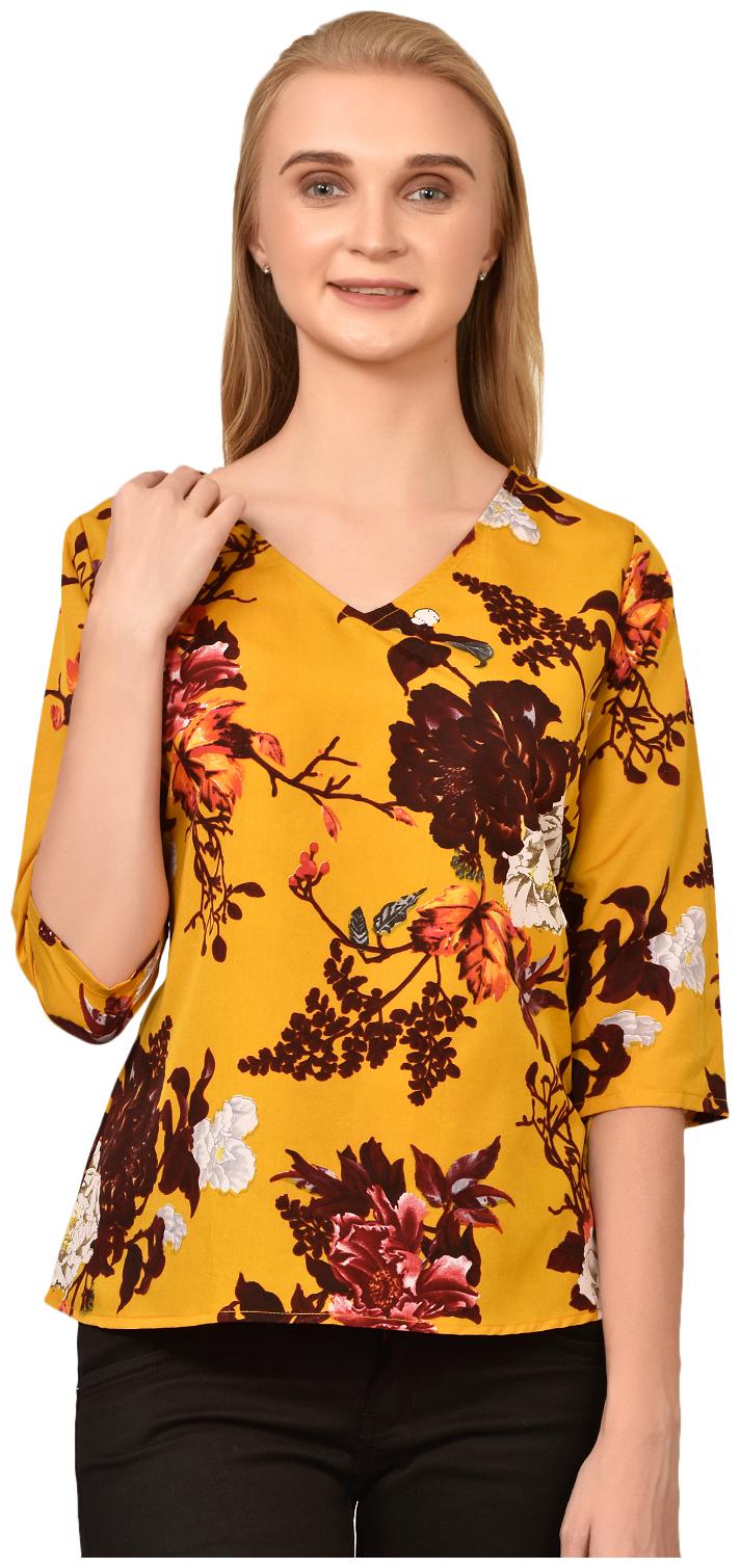 

Styllry Crepe Yellow Floral Top For Women