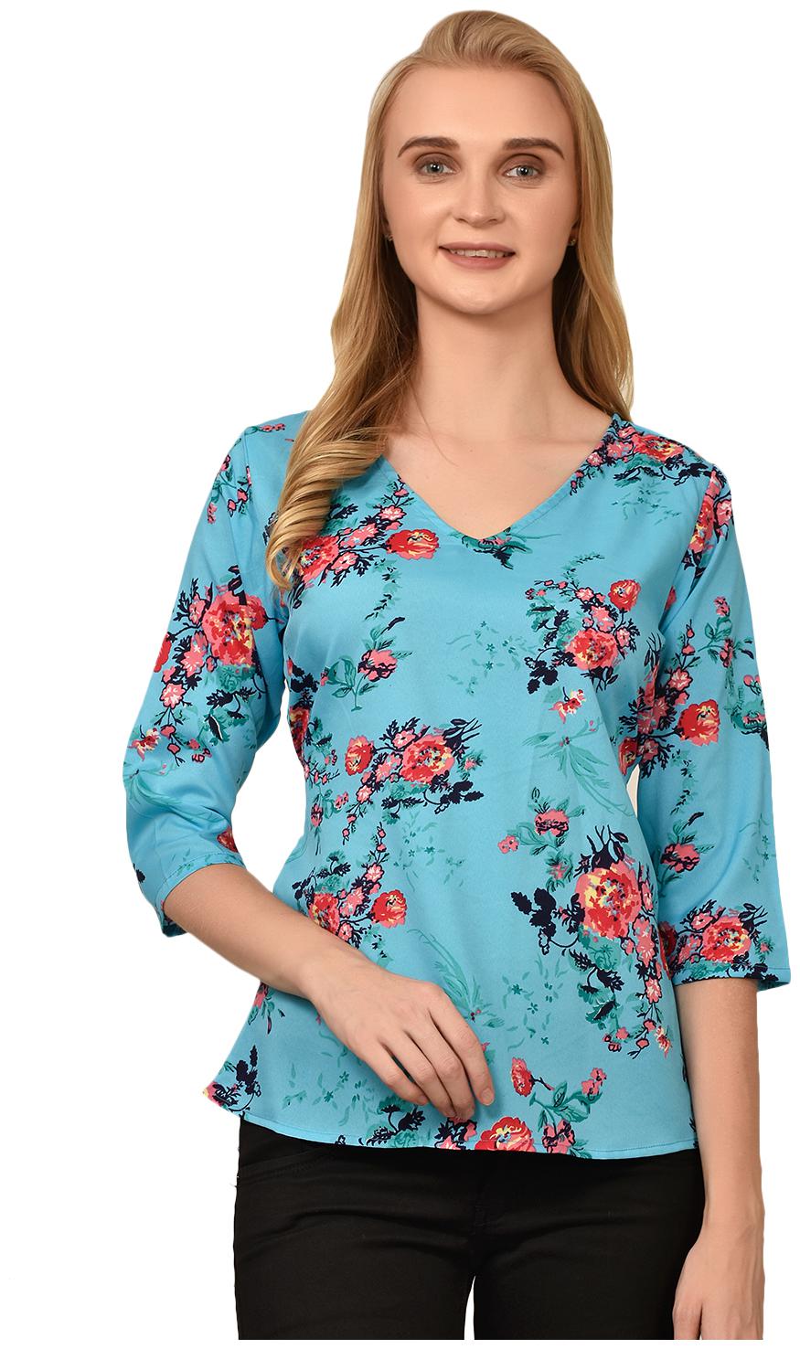 

Styllry Crepe Blue Floral Top For Women