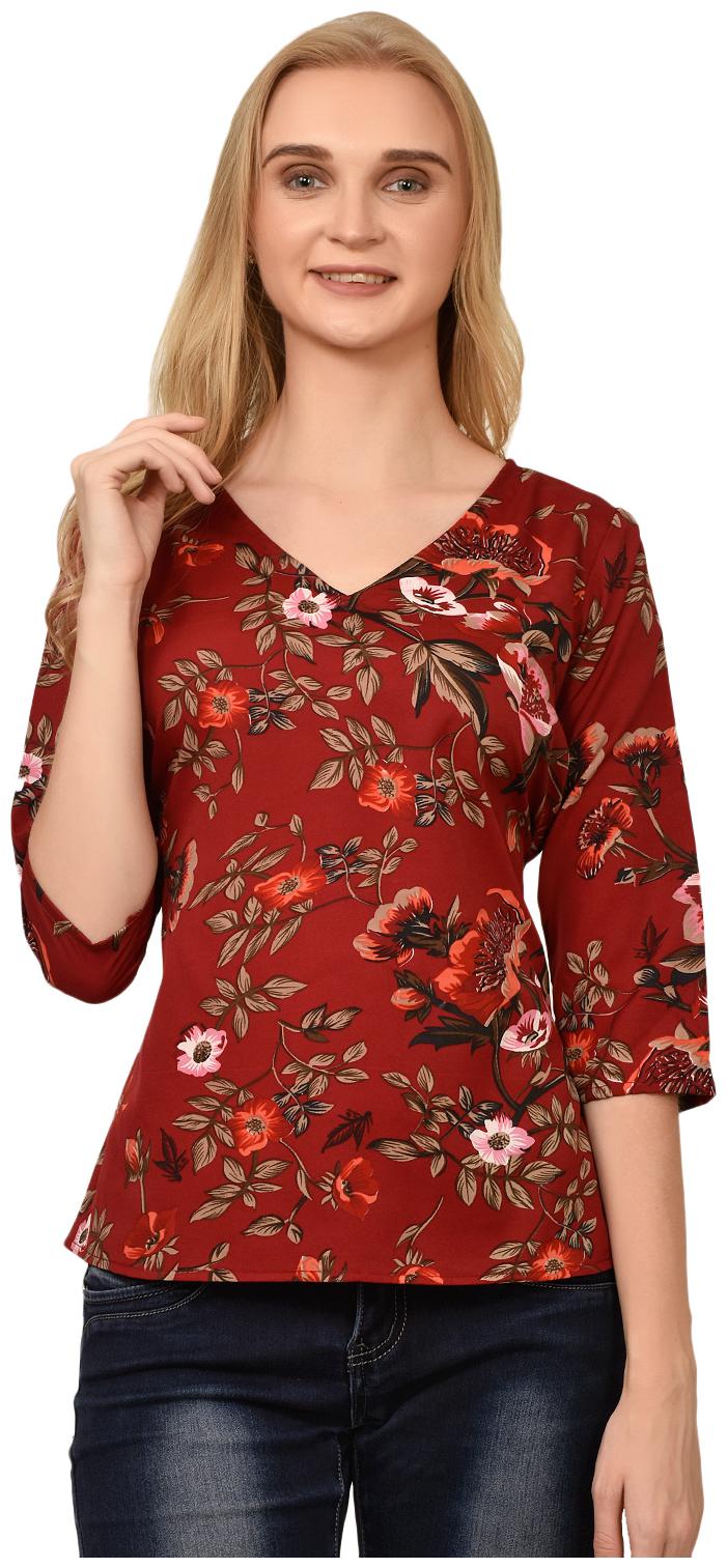 

Styllry Crepe Maroon Floral Top For Women