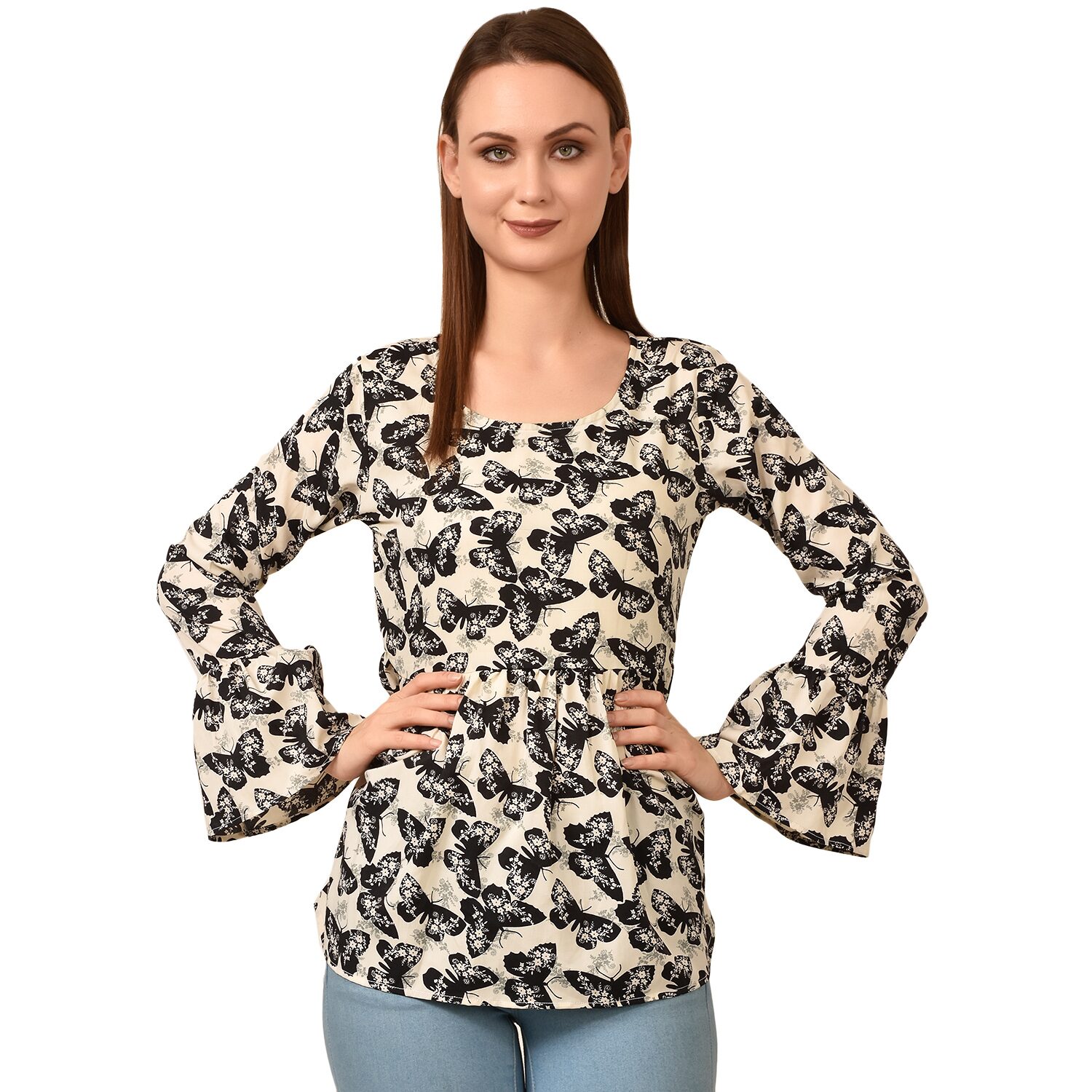 

Styllry Women Crepe Printed A Line Top (Black Beige)