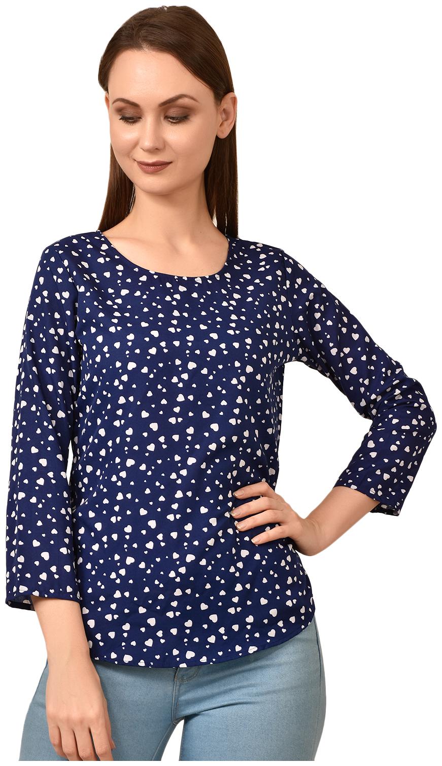 

Styllry Women Crepe Printed A Line Top (Navy Blue)