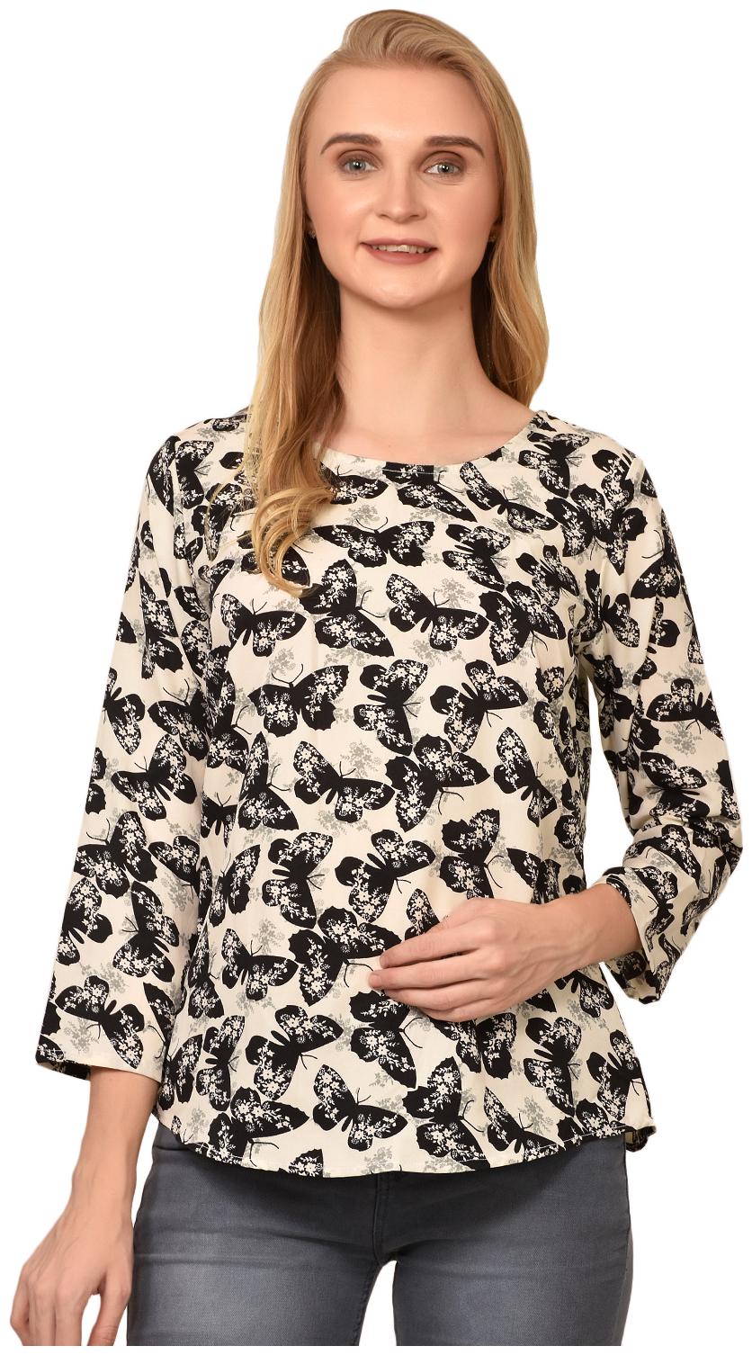

Styllry Women Crepe Printed A Line Top (Black Beige)