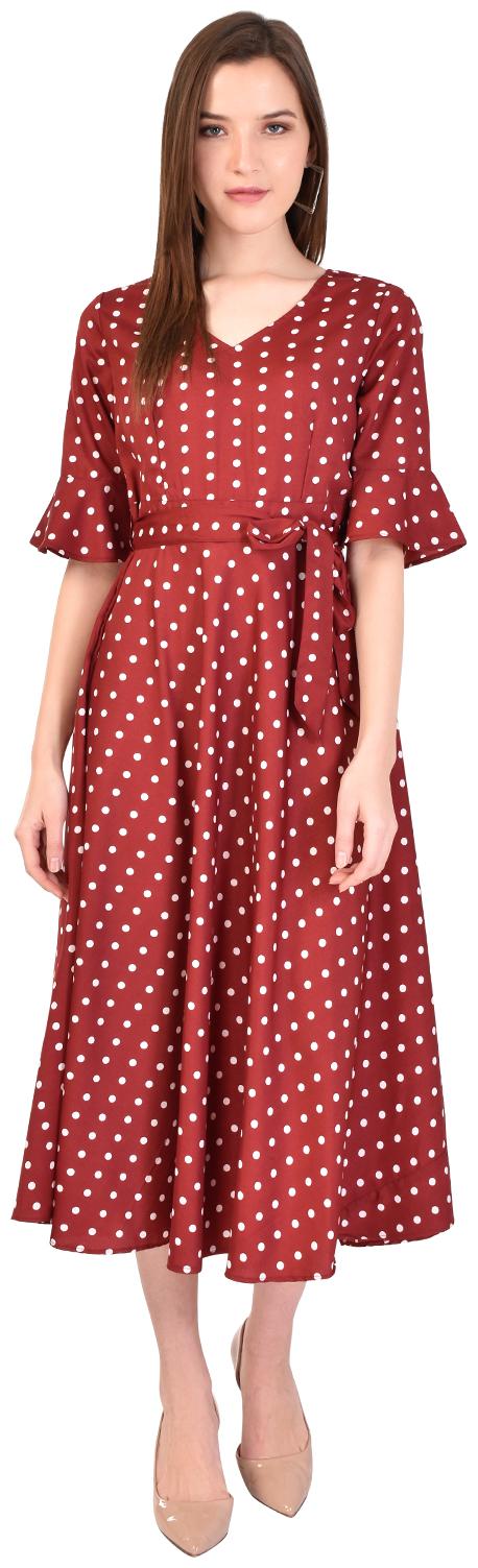 

Styllry Women Crepe Polka Dots Maroon A Line Dress