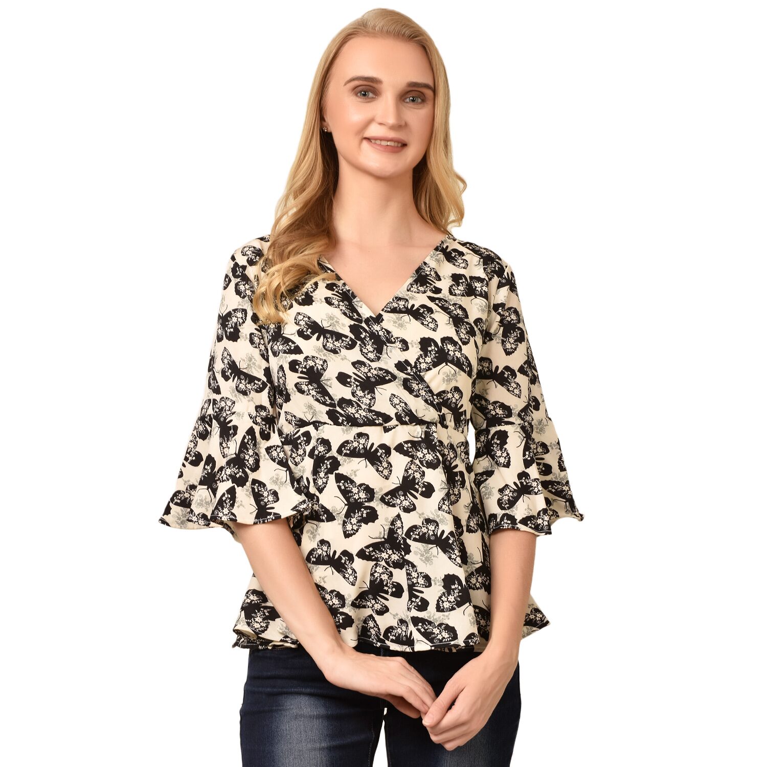 

Styllry Women Crepe Printed A Line Top (Black Beige)