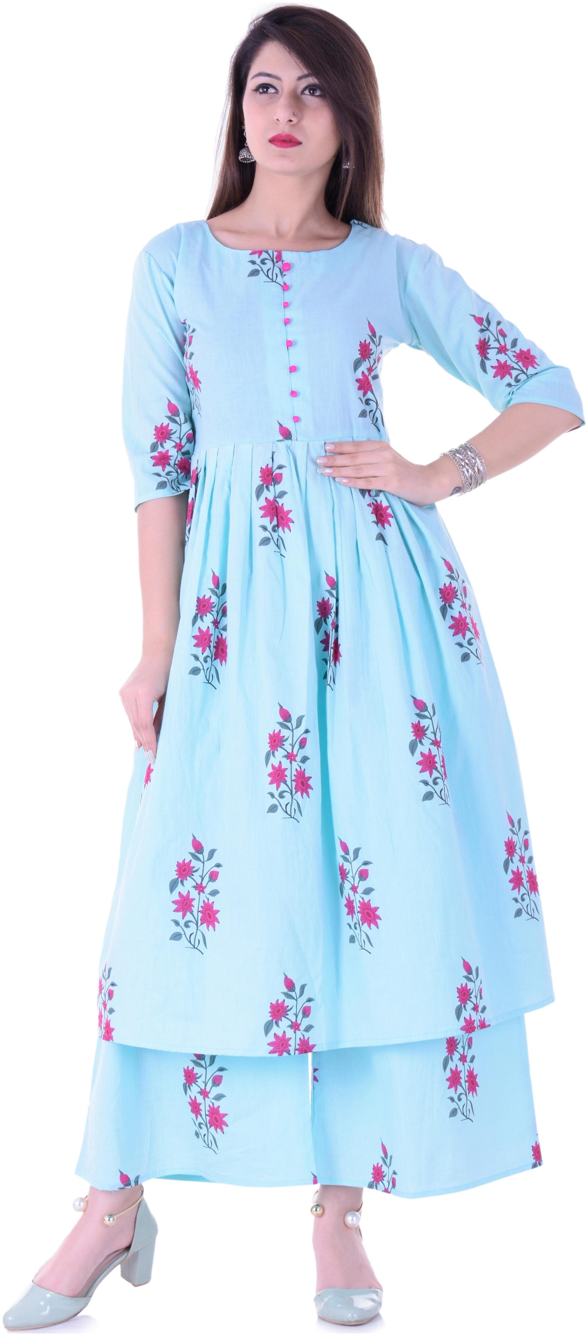

Stylum Casual Floral Print Flared Women s Sky Blue Cotton Kurti