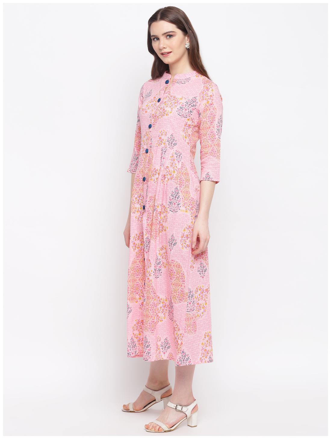 

Stylum Cotton Blend 3 4th Sleeves Mandarin Collar Pink Floral Kurta Dress