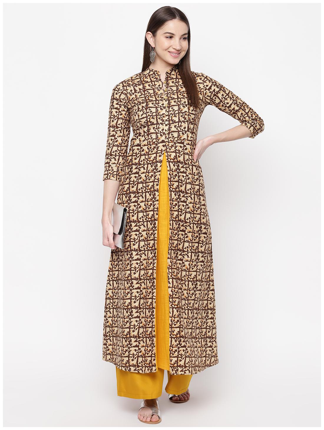 

Stylum Cotton Blend Printed Mandarin Collar Beige Color Kurta for Women