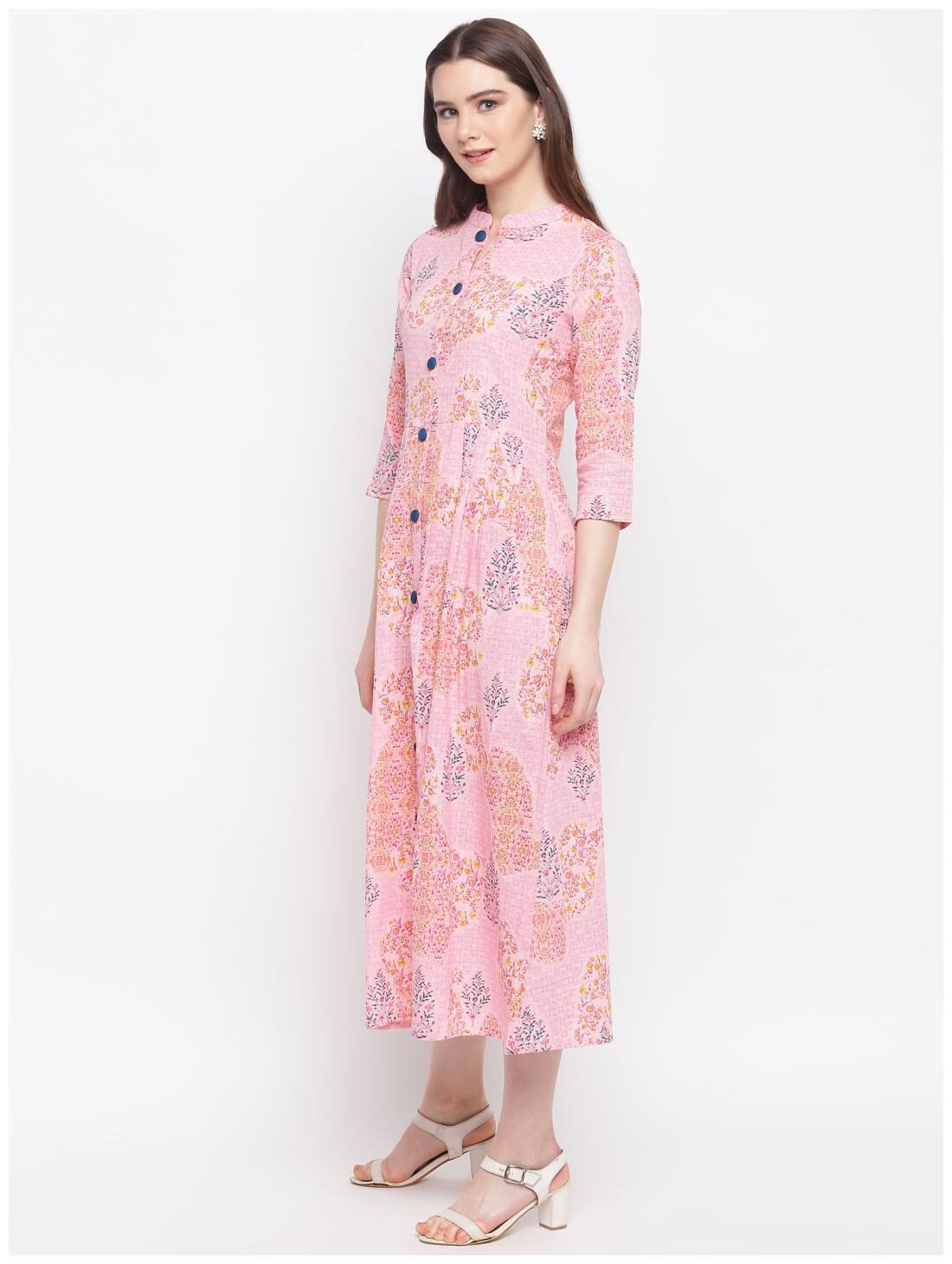 

Stylum Cotton Blend 3 4th Sleeves Mandarin Collar Pink Floral Kurta Dress