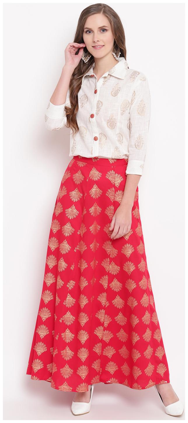 

Stylum Rayon Printed Kurta With Skirt Off White
