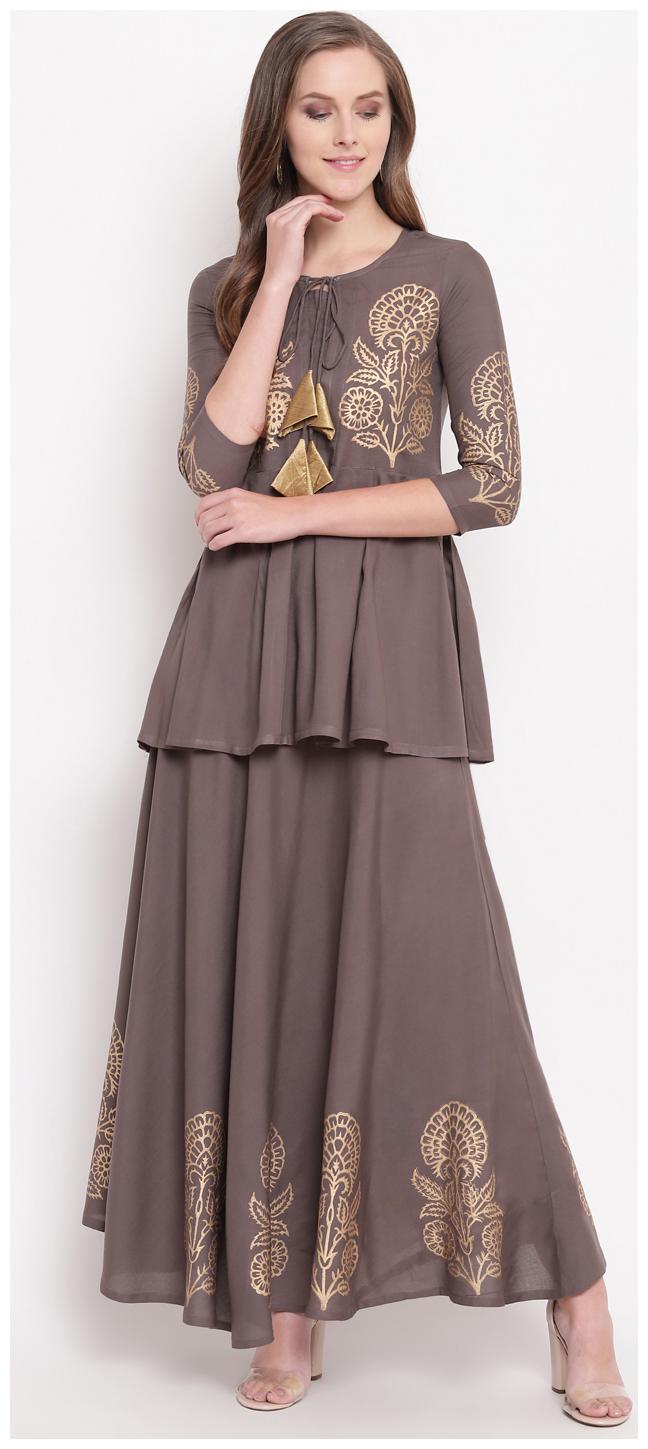 

Stylum Rayon Printed Kurta With Skirt Grey