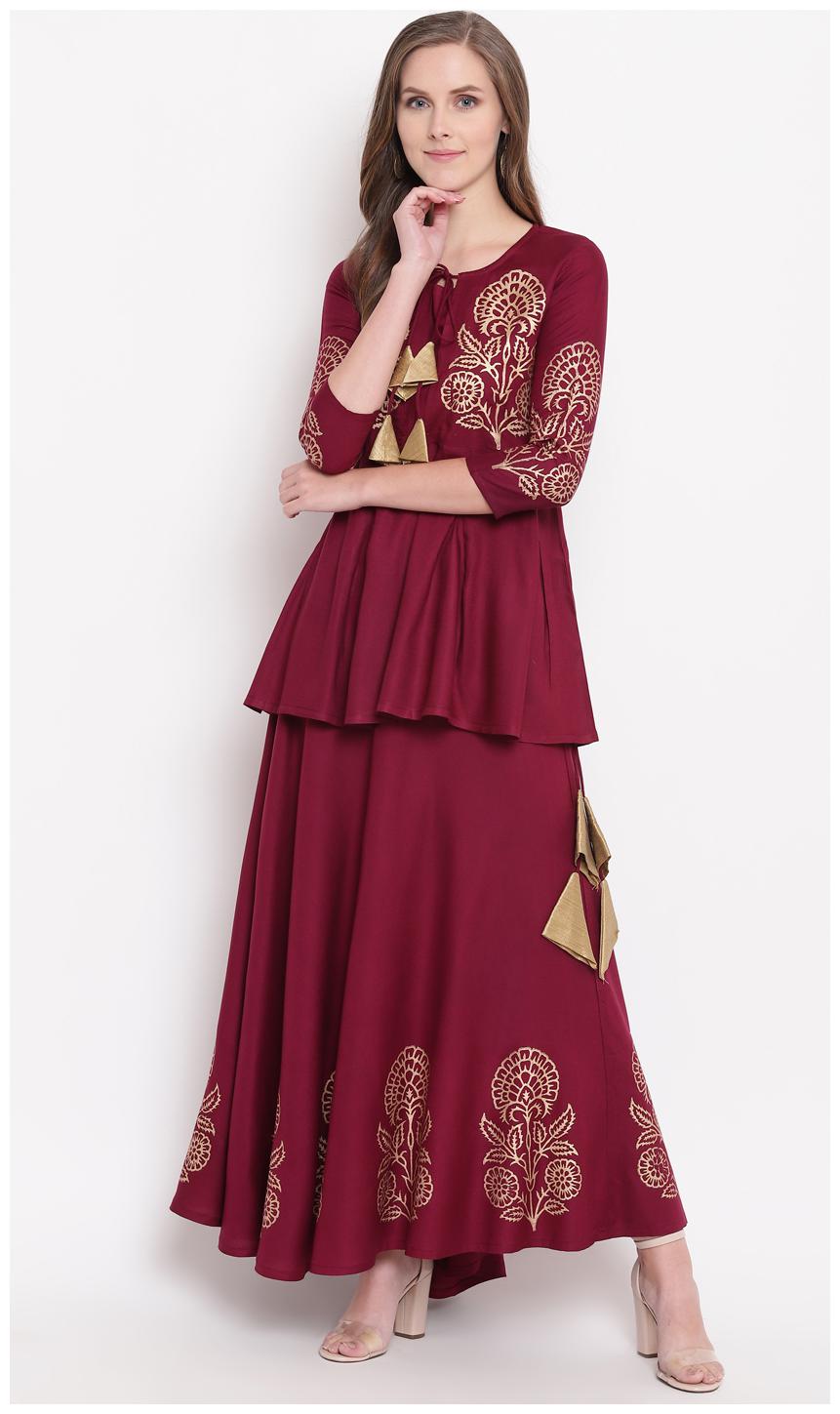 

Stylum Rayon Printed Kurta With Skirt Wine