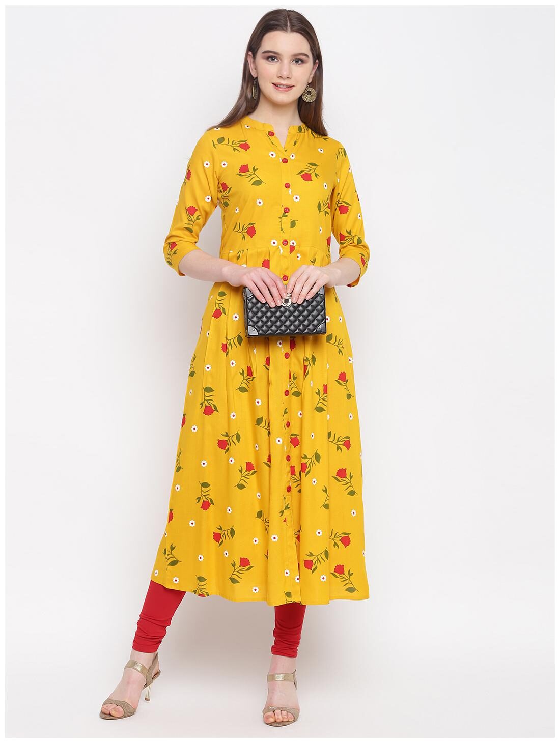 

Stylum Rayon 3 4th Sleeves Mandarin Collar Mustard Floral Kurti
