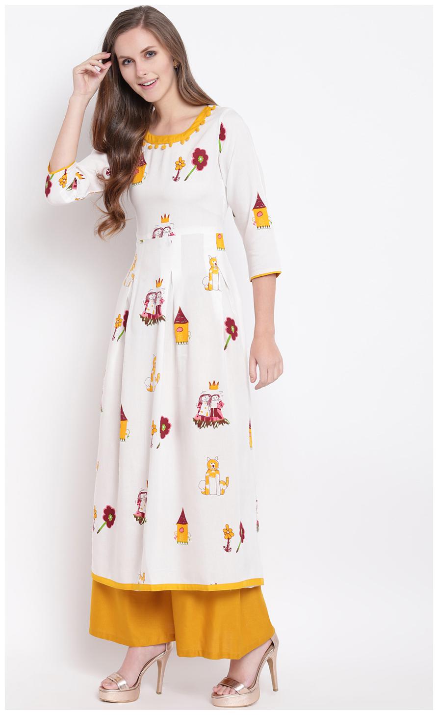 

Stylum White Print Rayon Pleated Kurta