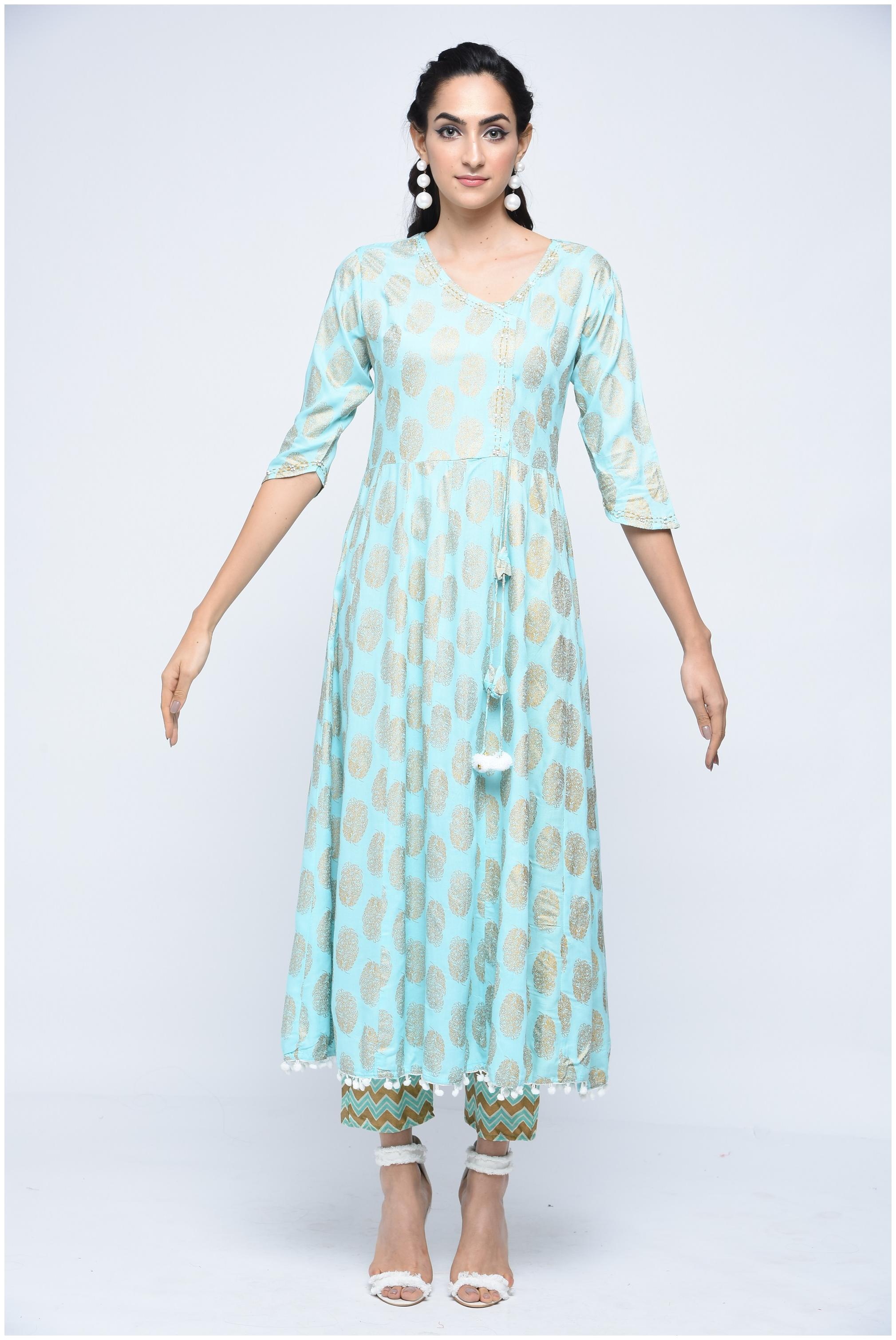 

Stylum Women Blue Solid Angrakha Kurta With Pants