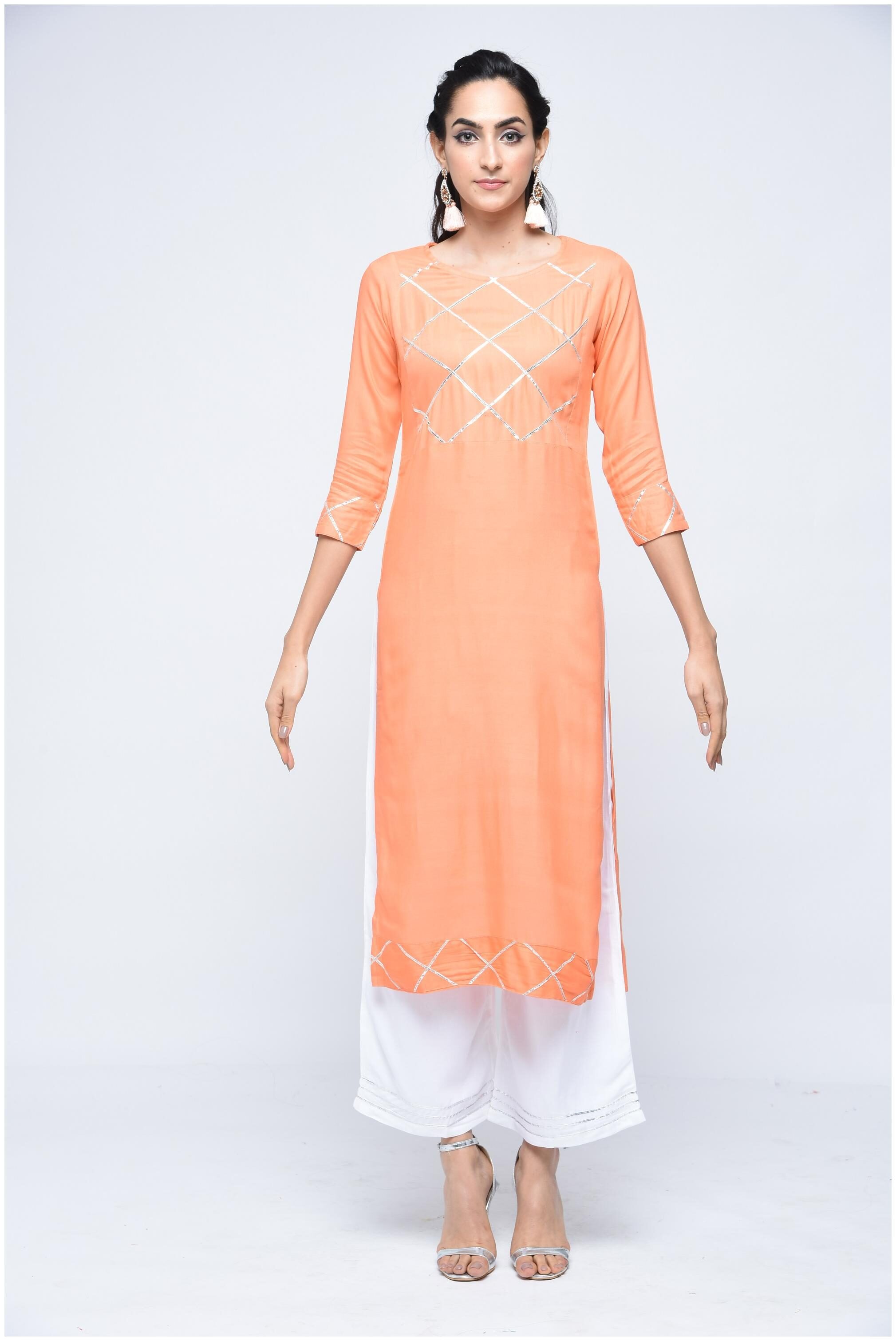 

Stylum Women s Festive Party Wear Gota Lace Work Straight Rayon Kurta Palazzo Set