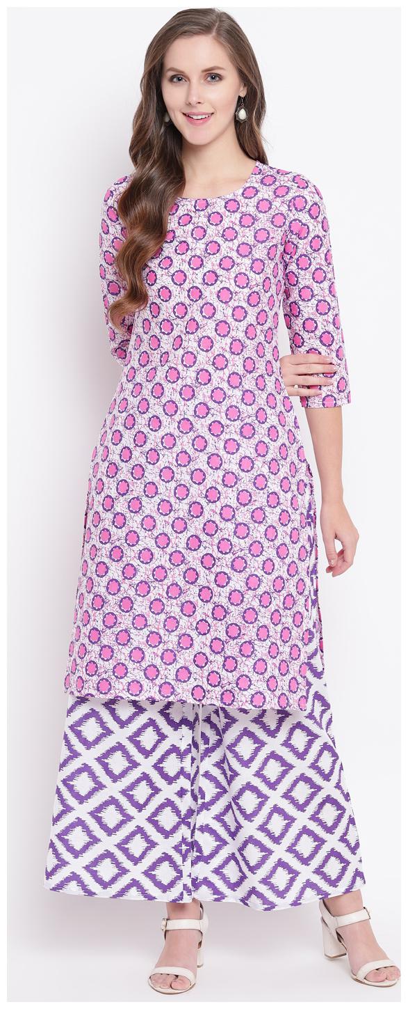 

Stylum Women Pink White Printed Straight Kurta With Palazzo