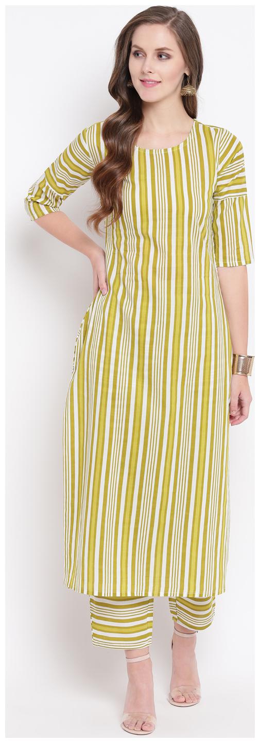 

Stylum Women Green White Striped Straight Kurta With Pants