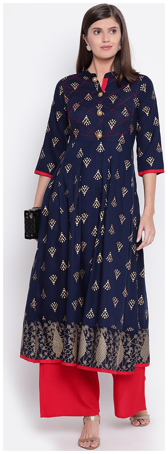 

Stylum Women Navy Blue Print Rayon Pleated Kurta