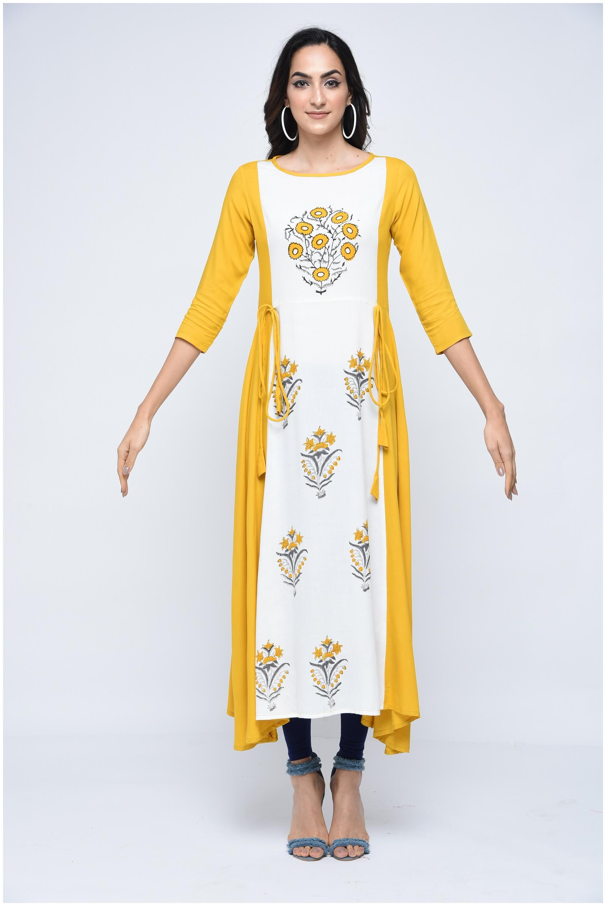 

Stylum Women s Casual Block Print Mustard A-Line Rayon kurti