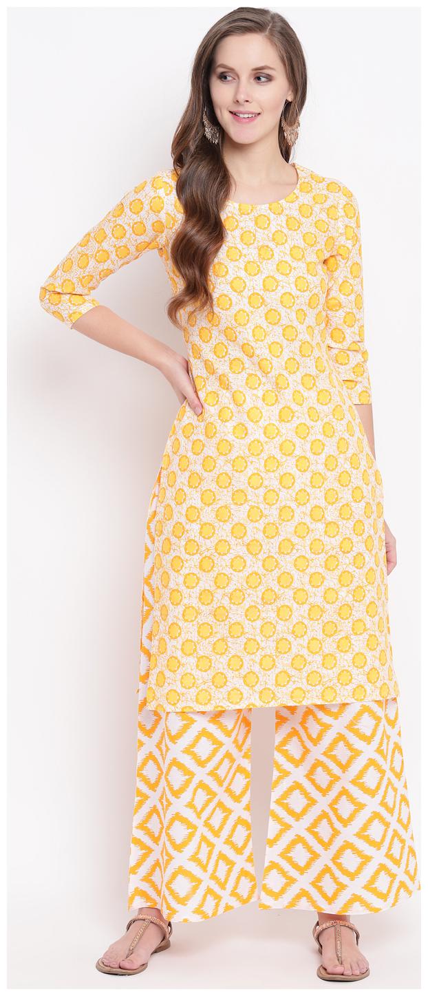 

Stylum Women Yellow White Printed Straight Kurta With Palazzo
