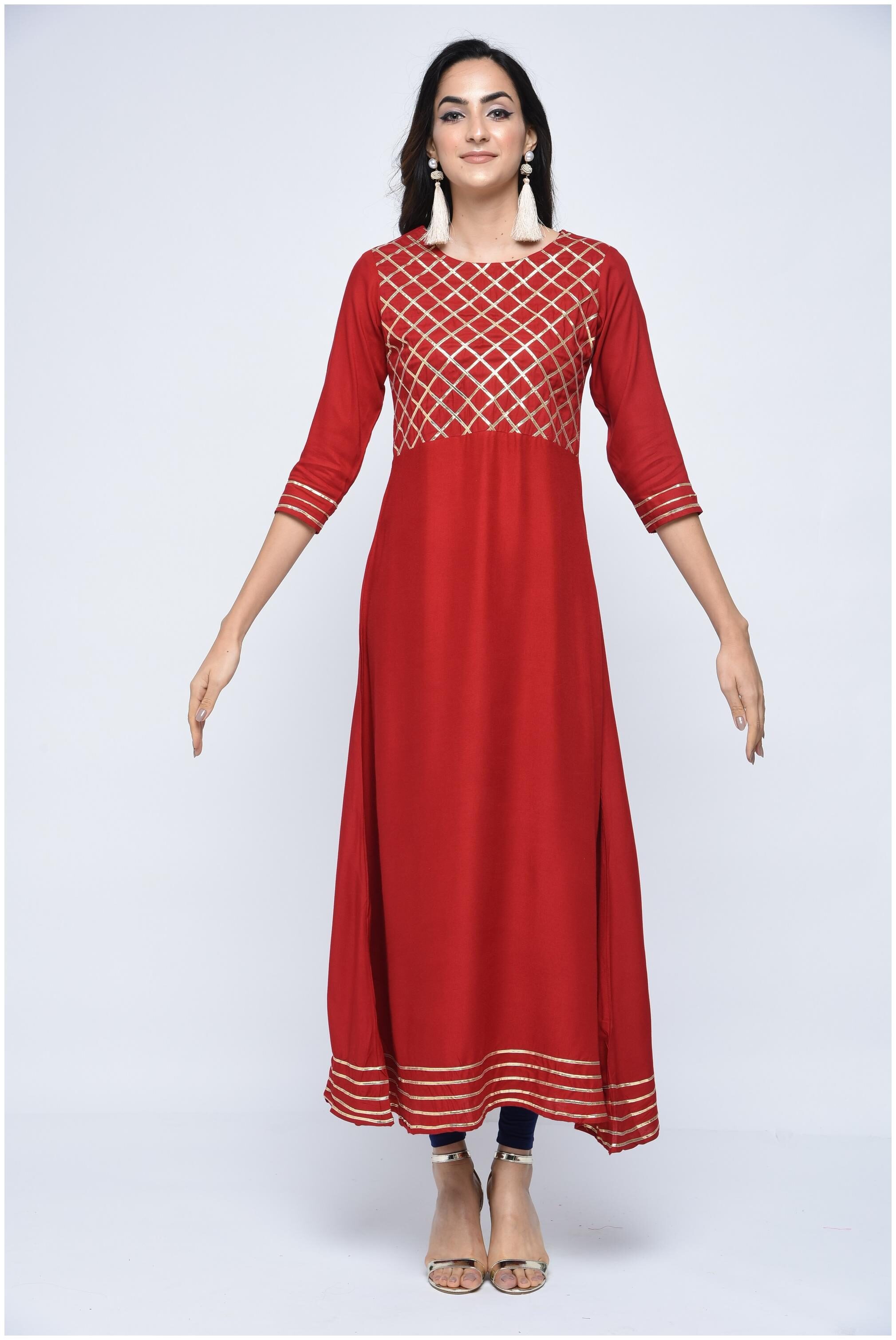 

Stylum Women s Casual A-Line Gota Work Maroon Rayon kurti