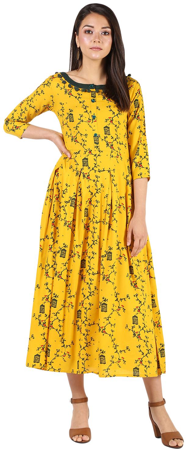 

Stylum Women Yellow Floral Print Rayon Pleated Kurta