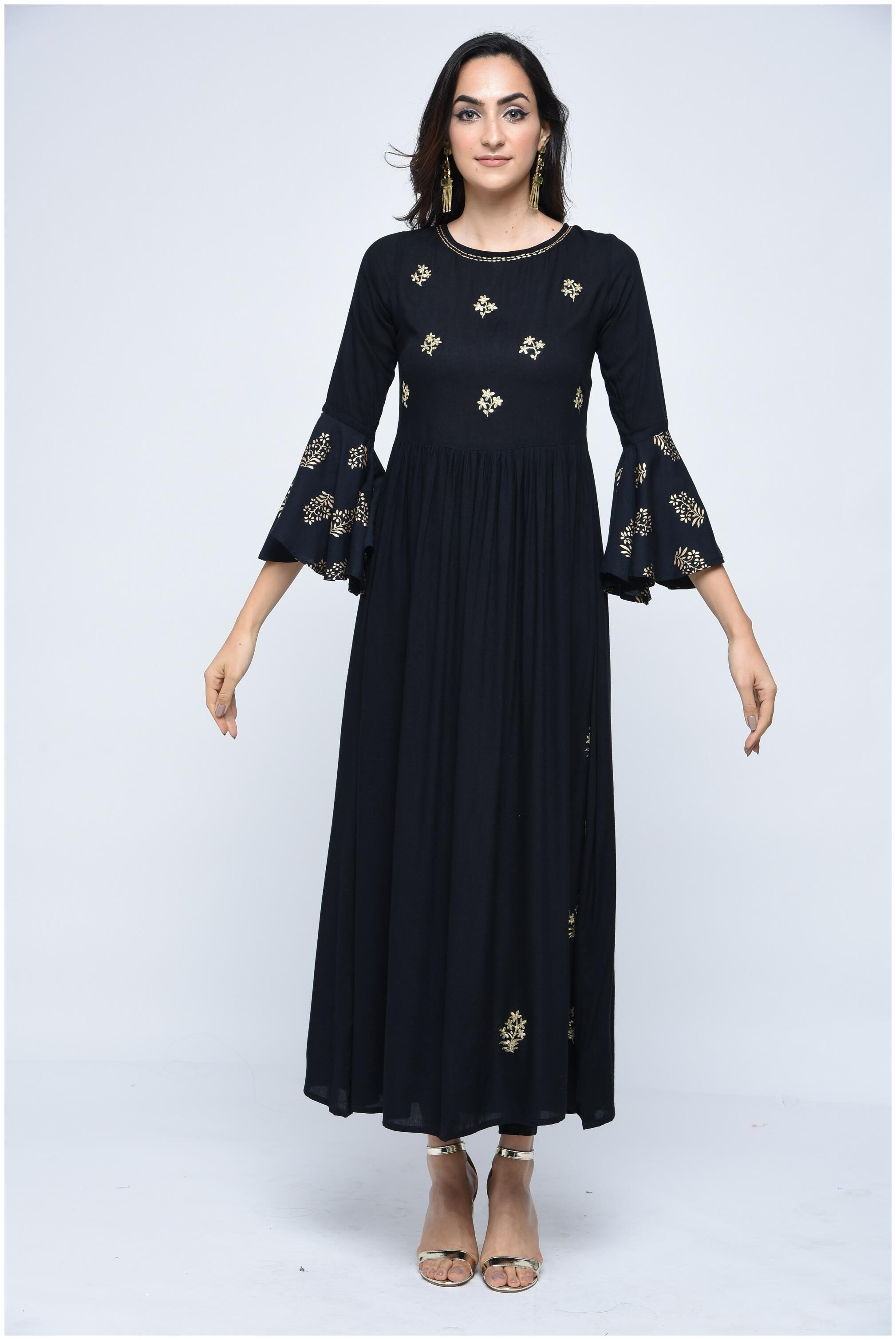 

Stylum Women s Festive Party Wear Piton Embroidered Designer Back With Printed Bell Sleeves Black Rayon kurti