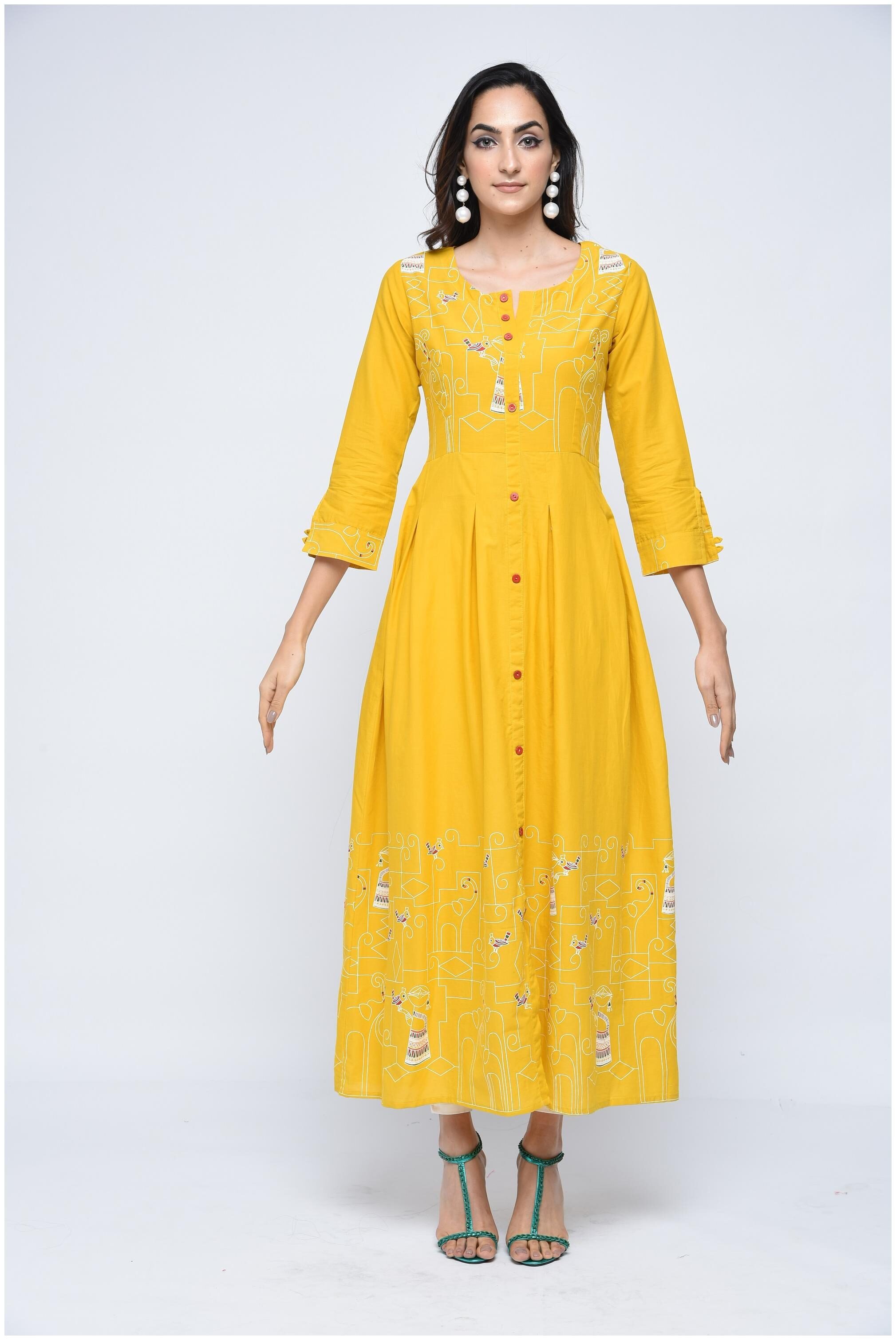 

Stylum Women s Casual Animal pirnted A-Line Yellow Cotton kurti