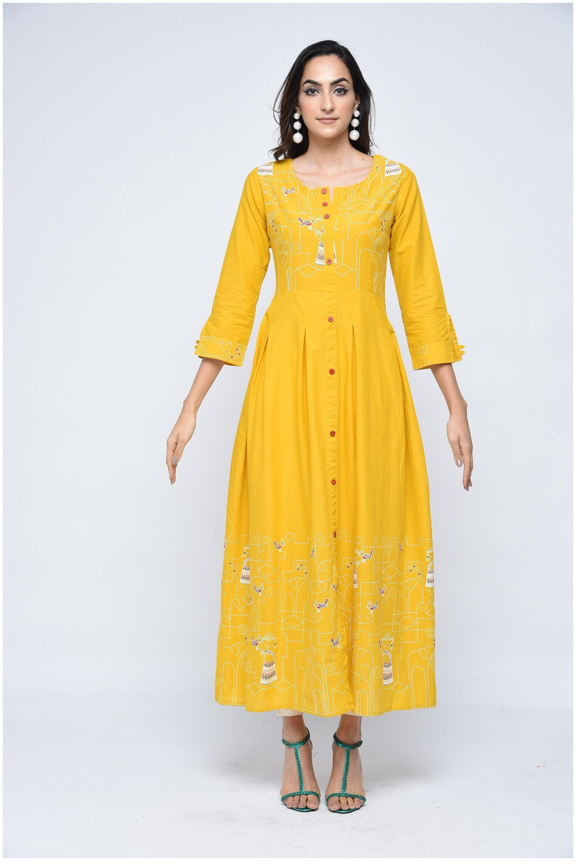 

Stylum Women s Casual Animal pirnted A-Line Yellow Cotton kurti
