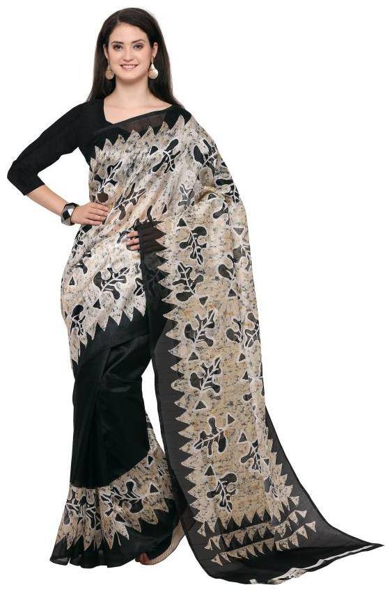 Sugathari Beige and Black Bhagalpuri Art Silk Printed Saree