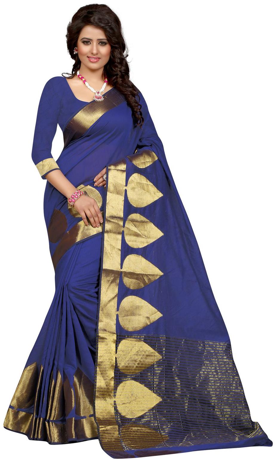 

Sugathari Blue and Golden Color Poly Cotton Woven Work Saree