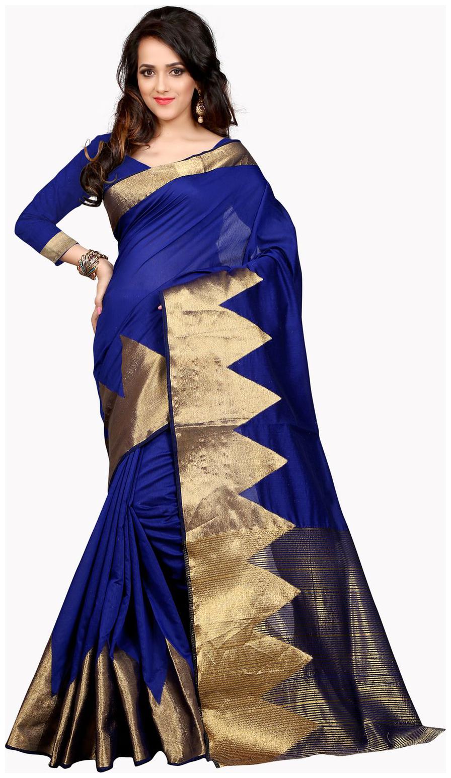 

Sugathari Blue and Golden Color Poly Cotton Woven Work Saree