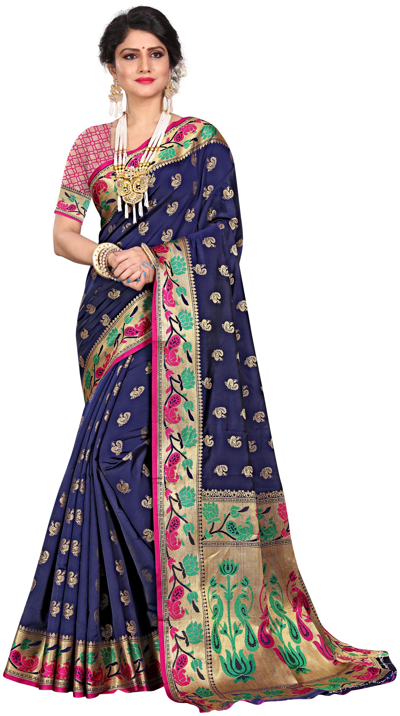 

Sugathari Bollywood Designer Nevy Blue Woven Banarasi Polycotton Saree