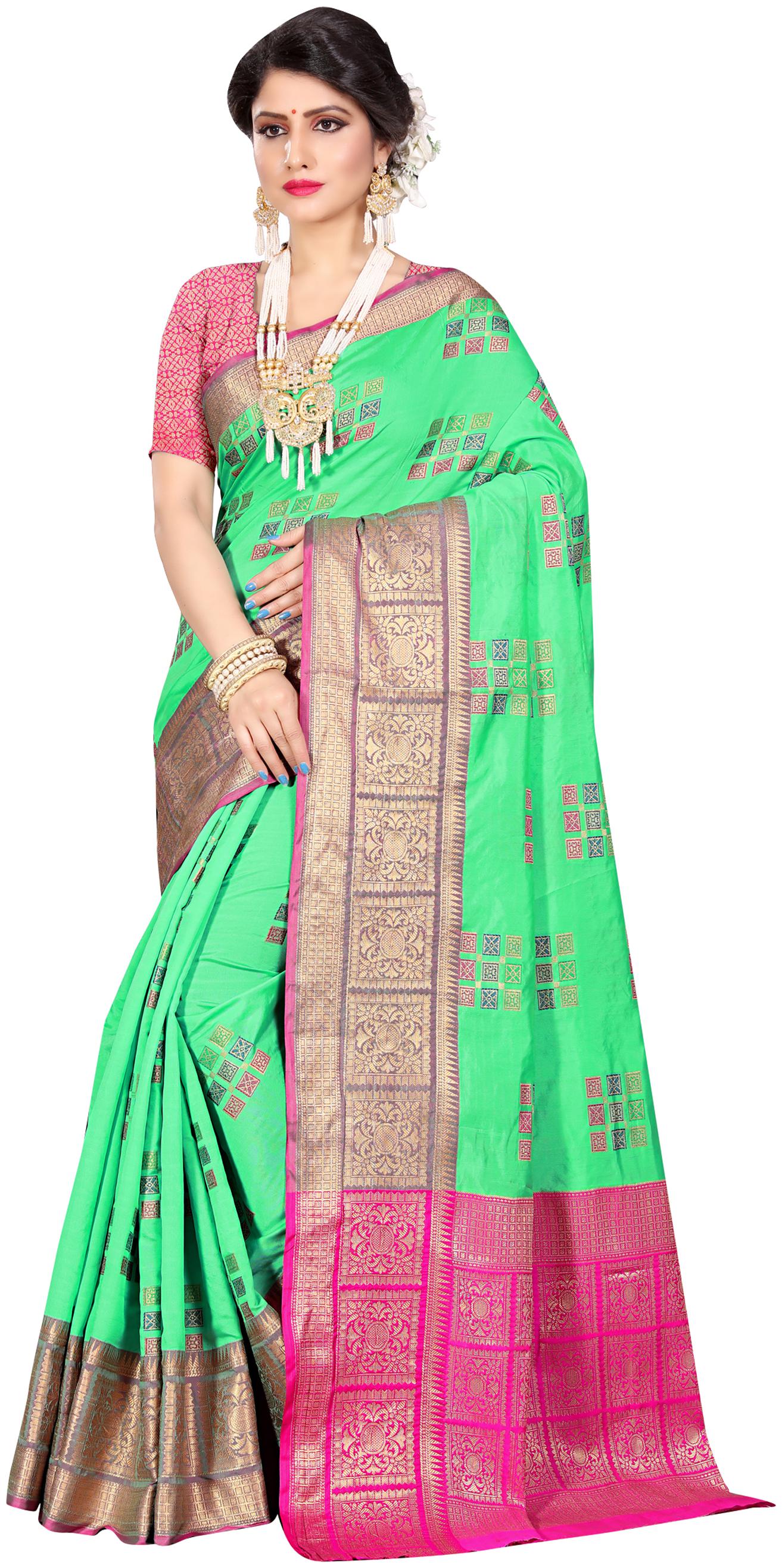 

Sugathari Green Woven Universal Designer Saree With Blouse With blouse