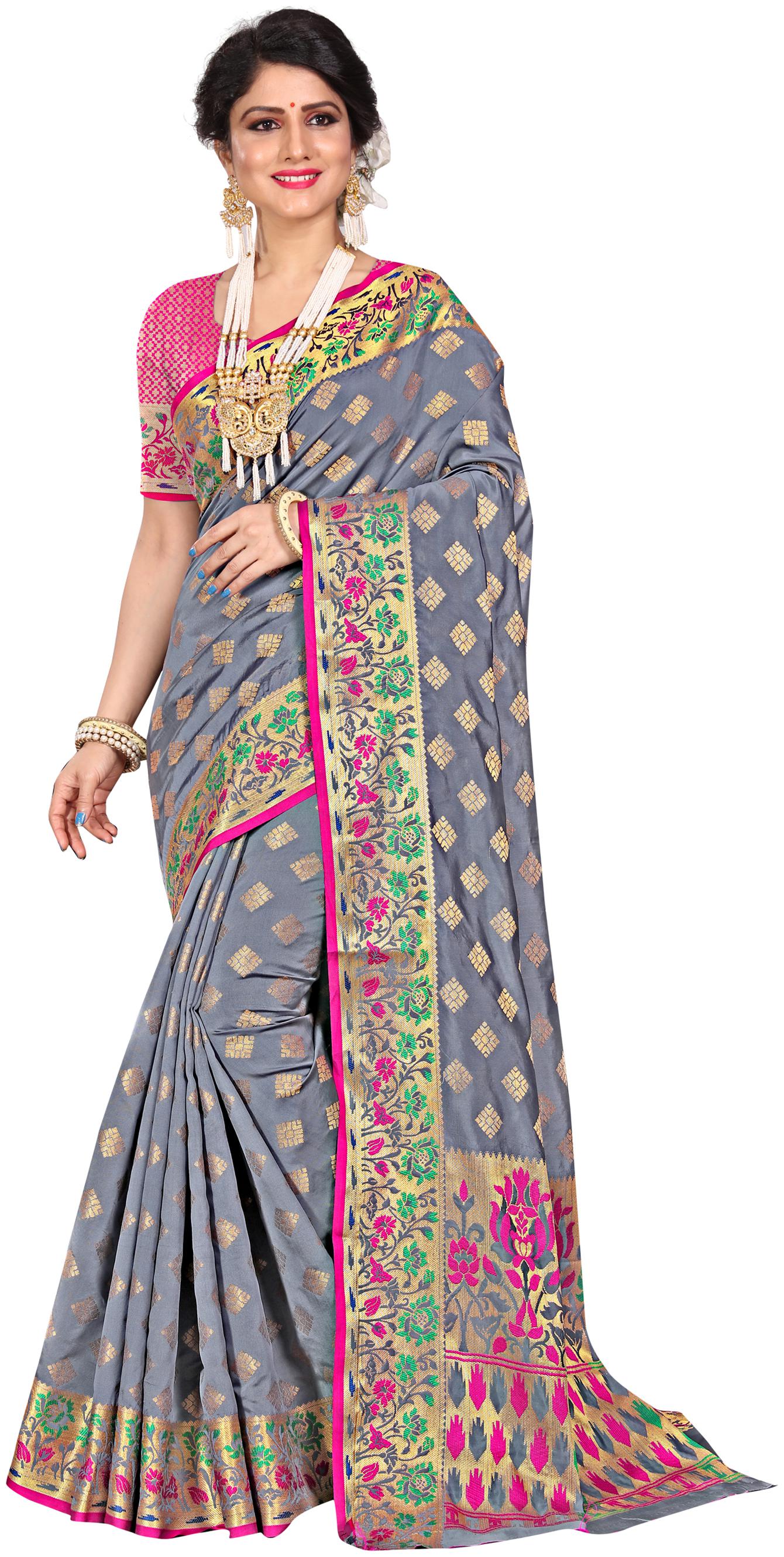

Sugathari Bollywood Designer Grey Woven Banarasi Polycotton Saree