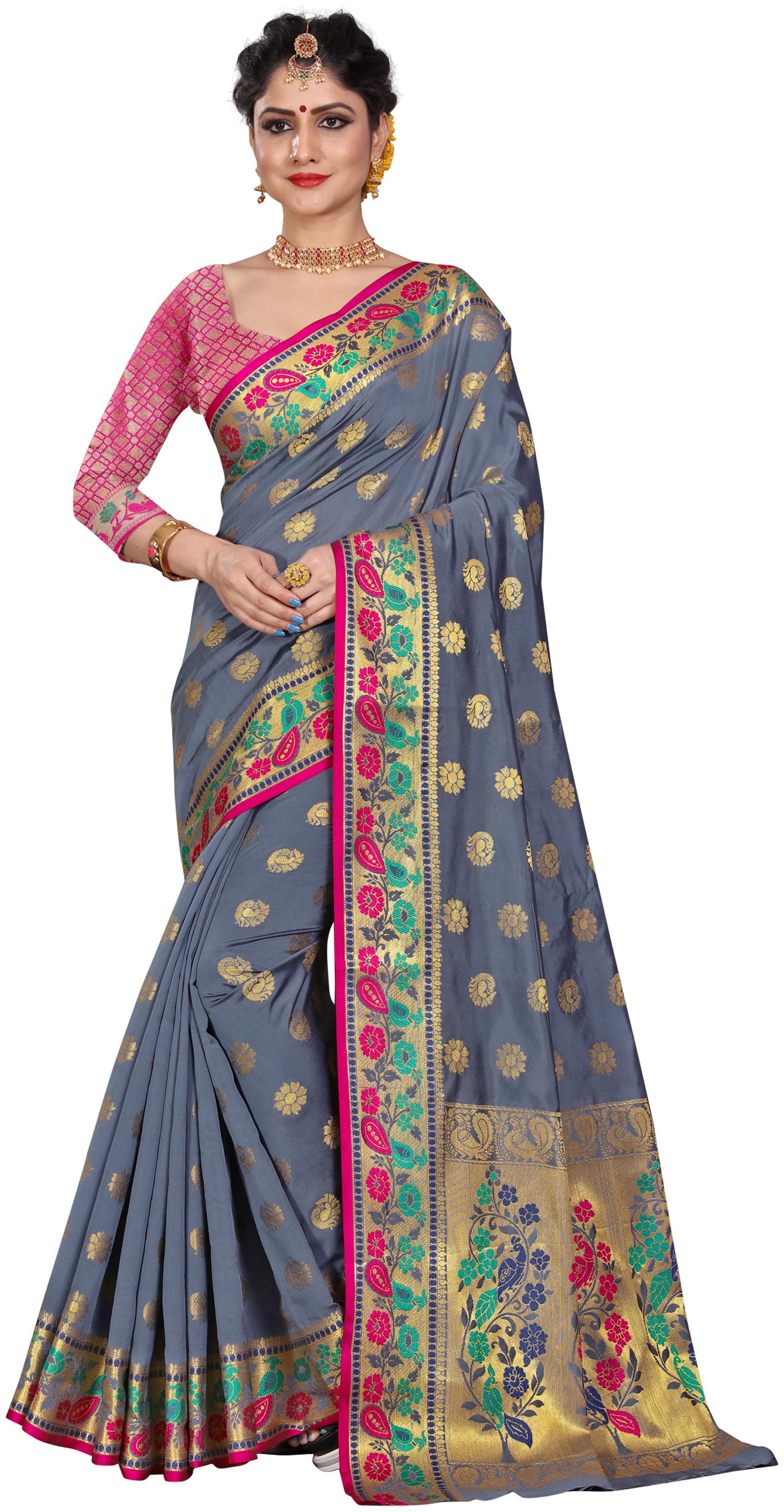 

Sugathari Bollywood Designer Grey Woven Banarasi Polycotton Saree