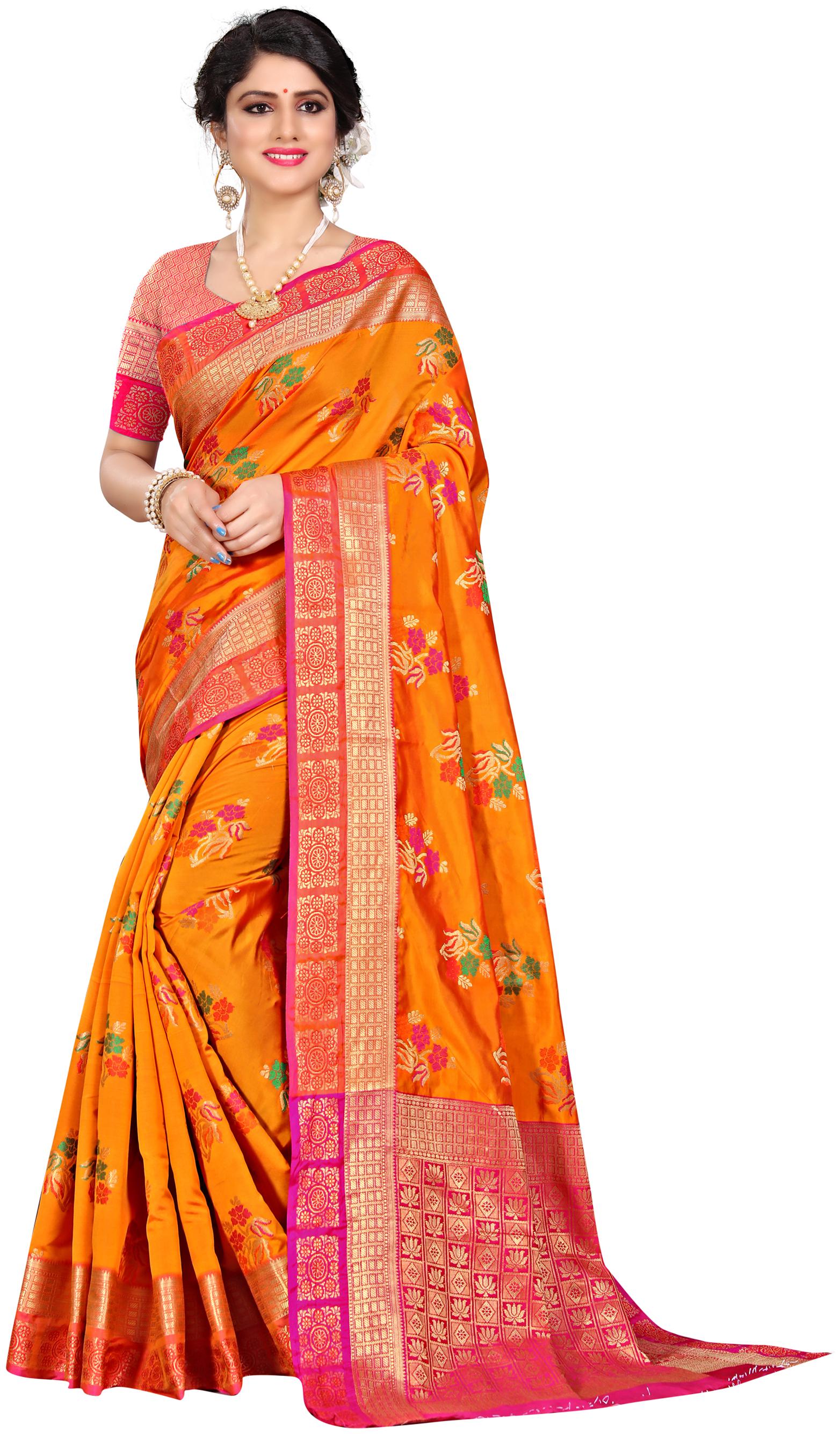 

Sugathari Bollywood Designer Orange and Pink Woven Banarasi Polycotton Saree