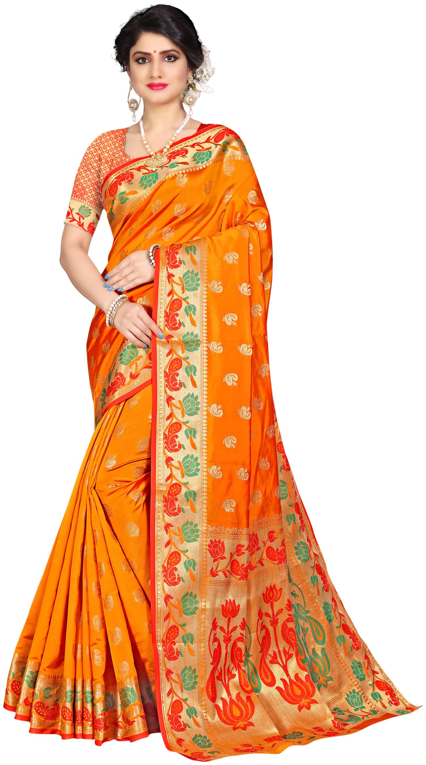 

Sugathari Bollywood Designer Yellow Woven Banarasi Polycotton Saree