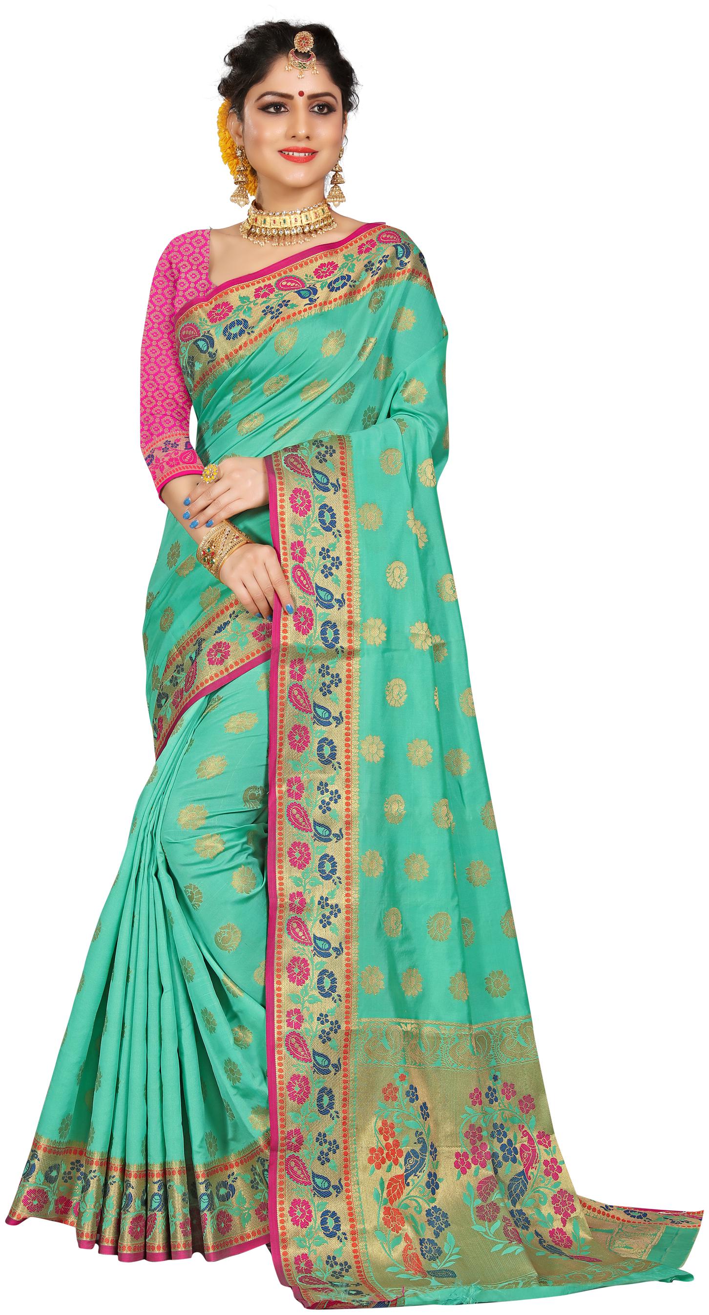 

Sugathari Bollywood Designer Sea Green Woven Banarasi Polycotton Saree