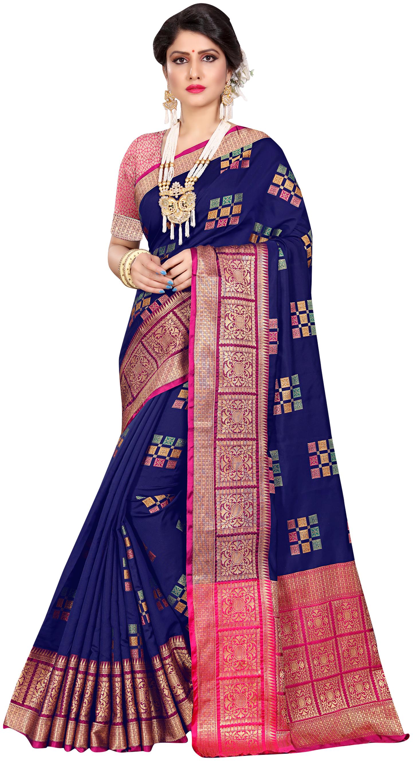 

Sugathari Bollywood Designer Nevy Blue and Pink Woven Banarasi Polycotton Saree