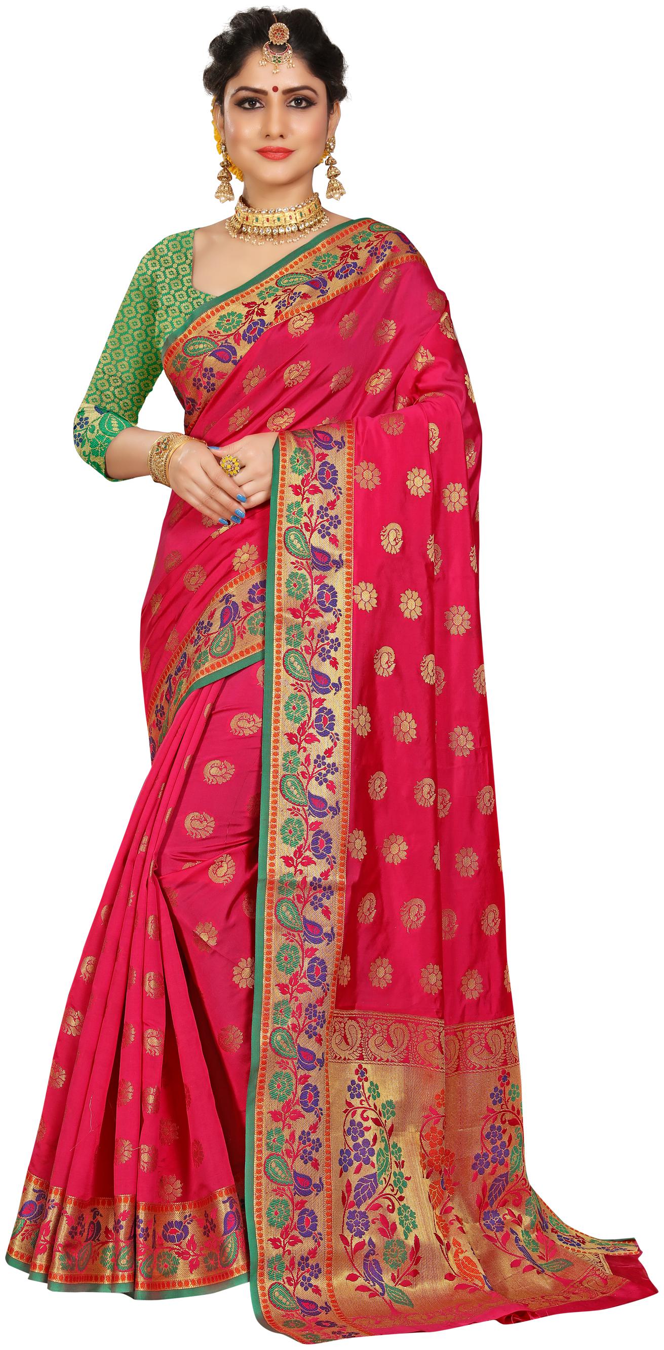 

Sugathari Bollywood Designer Pink Woven Banarasi Polycotton Saree
