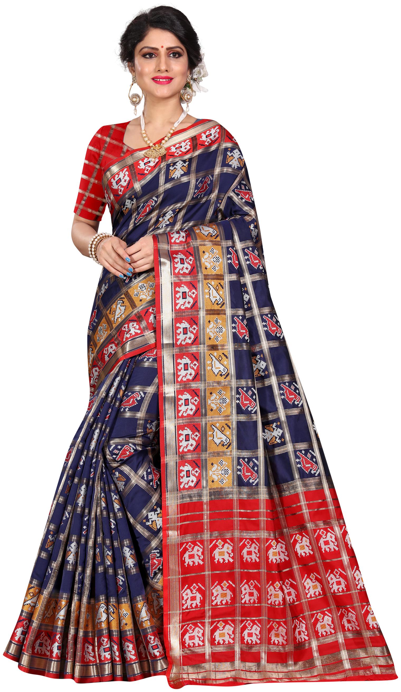 

Sugathari Blue Checkered Universal Designer Saree With Blouse With blouse