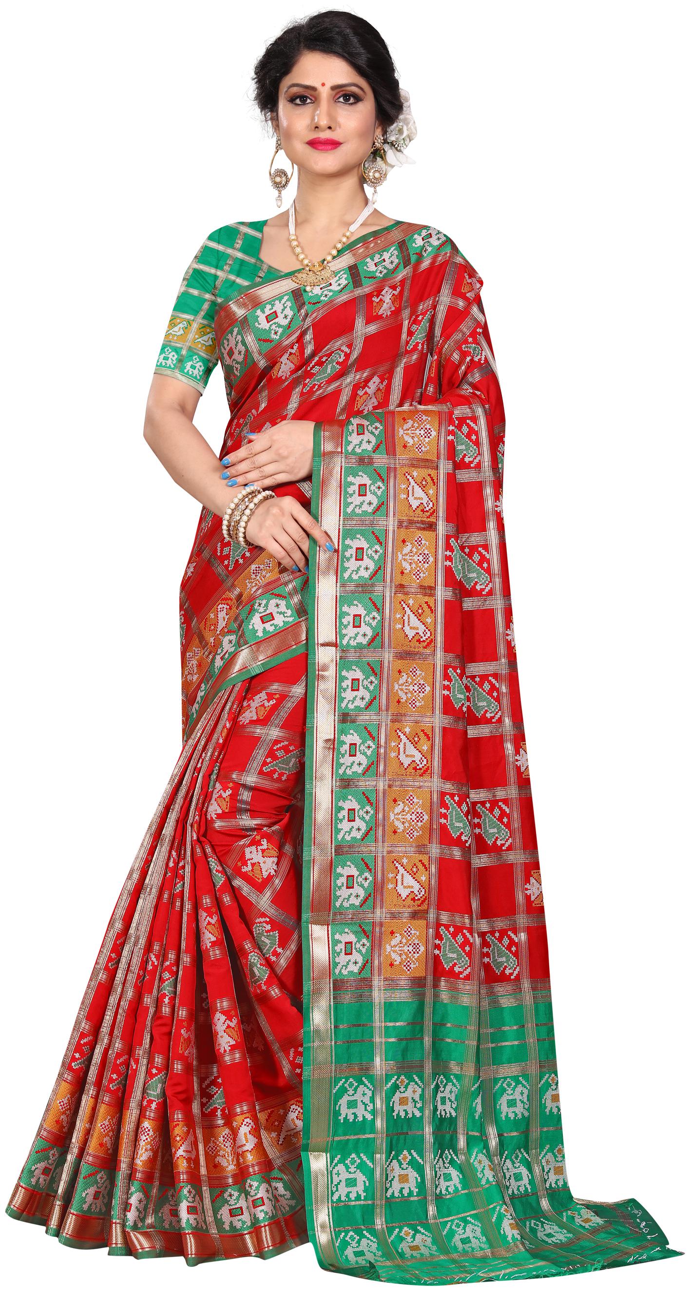

Sugathari Red Checkered Universal Half Half Saree With Blouse With blouse