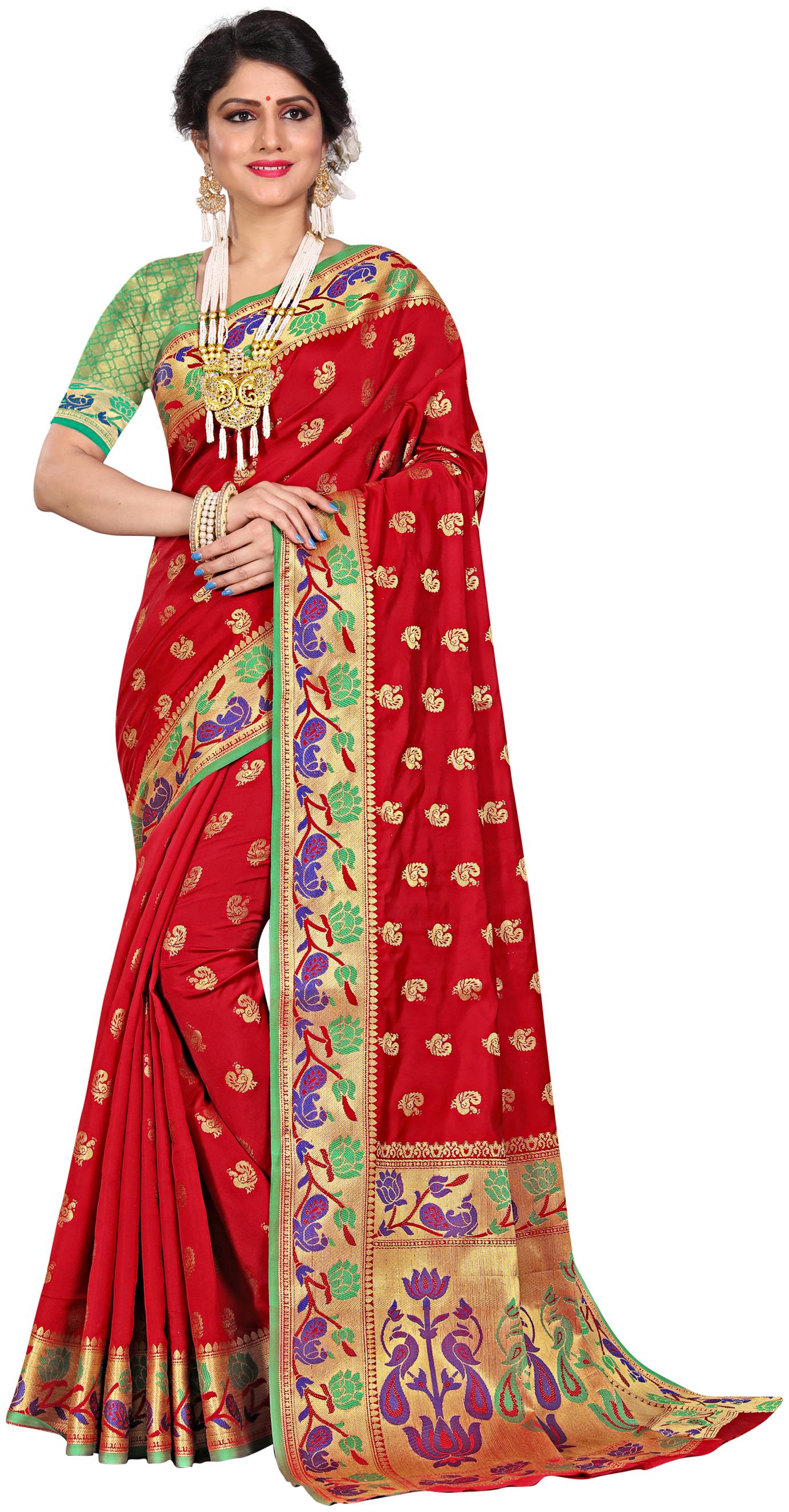 

Sugathari Bollywood Designer Red Woven Banarasi Polycotton Saree