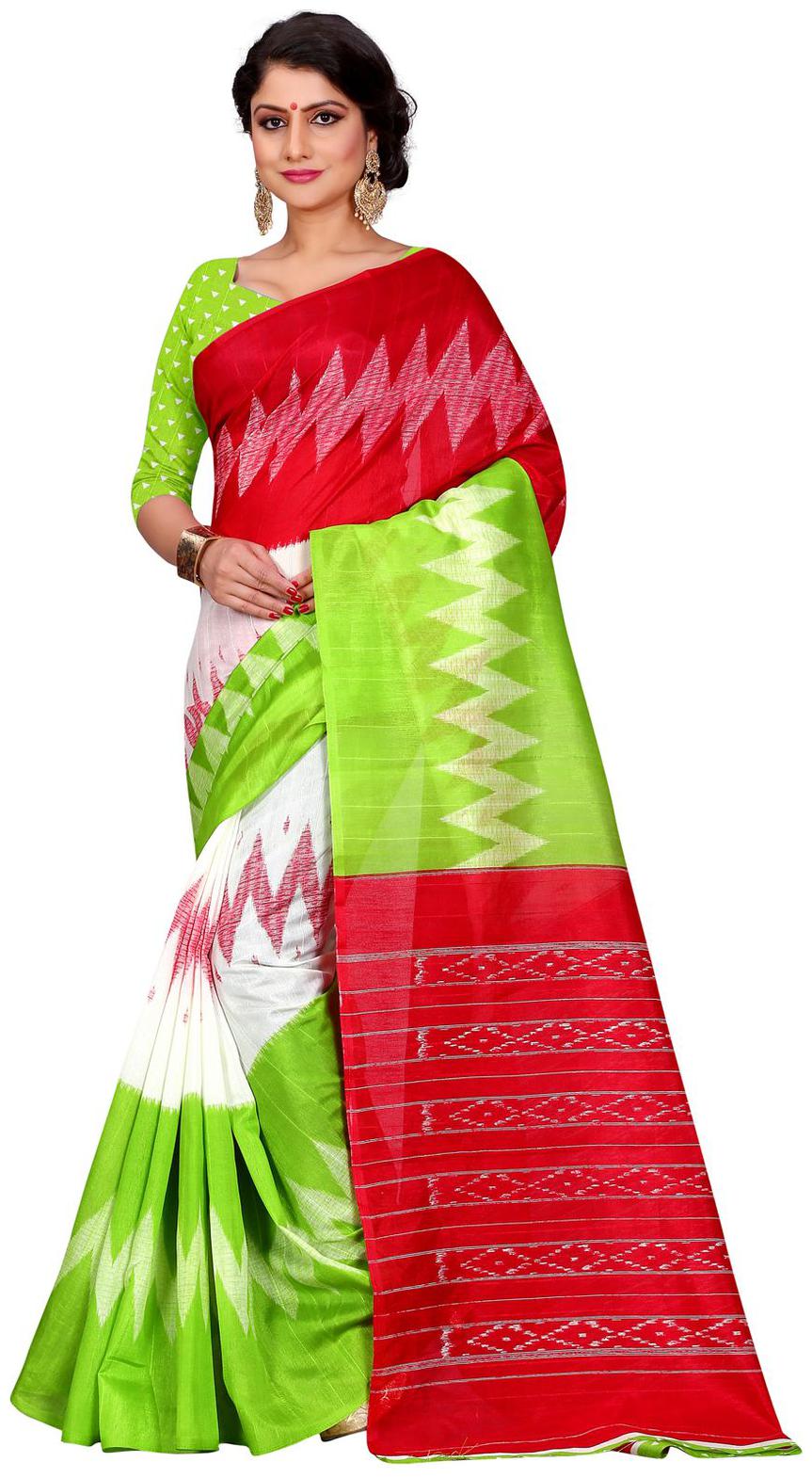 

Sugathari Green and Red Bhagalpuri Cotton Printed Saree