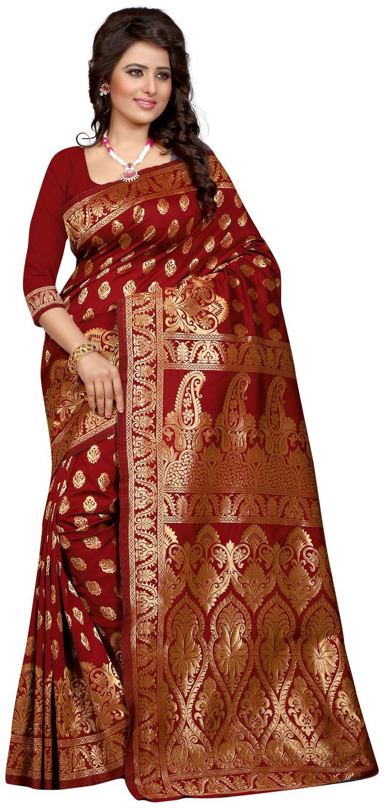 

Sugathari Maroon Self Design Jacquard Woven Work Saree