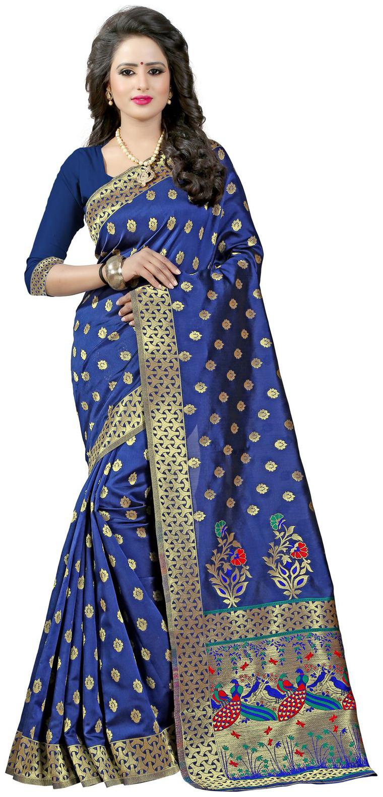 

Sugathari Blue Polka Dots Paithani Designer Saree With Blouse With blouse