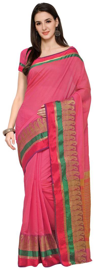 

Sugathari Pink Solid Banarasi Designer Saree Without blouse