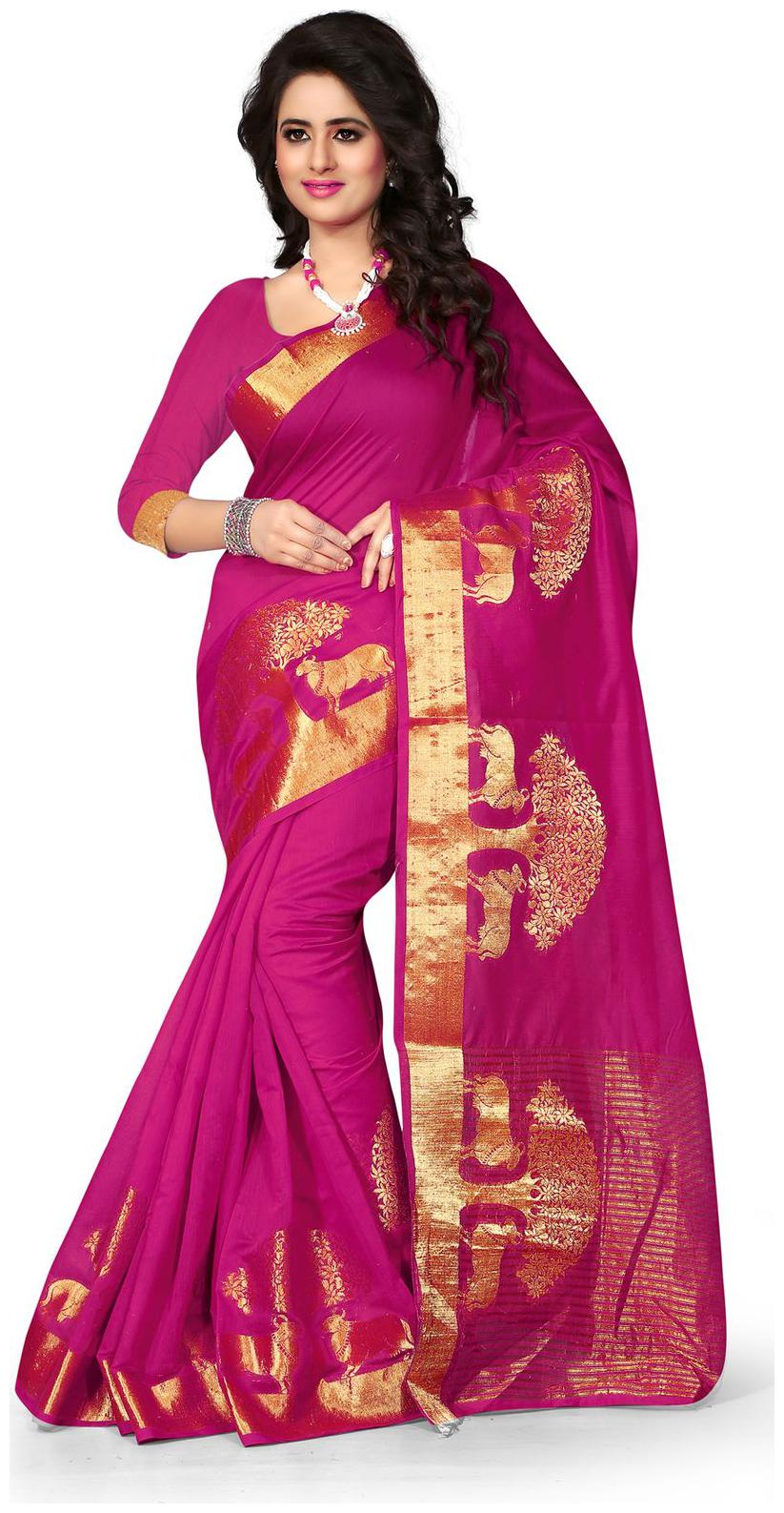 

Sugathari Pink and Golden Color Poly Cotton Woven Work Saree